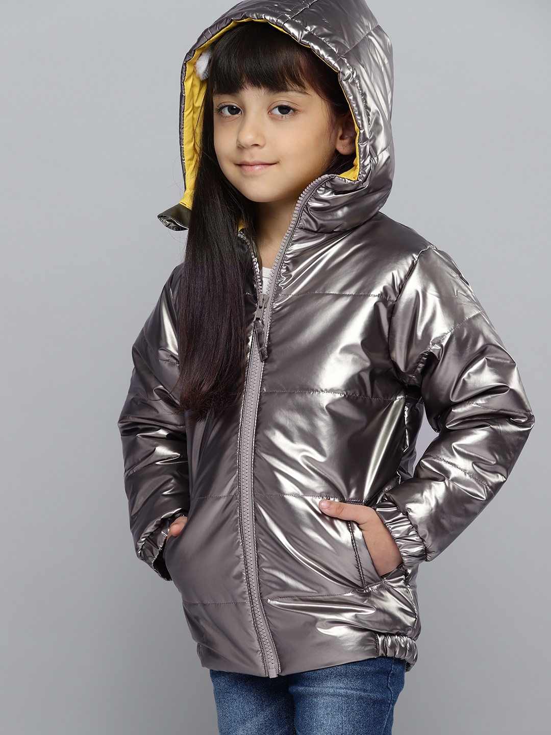 

YK Girls Gold-Toned Solid Padded Hooded Jacket