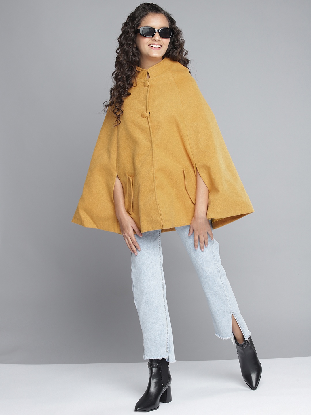 

YK Teen Girls Mustard Yellow Solid Cape Coat
