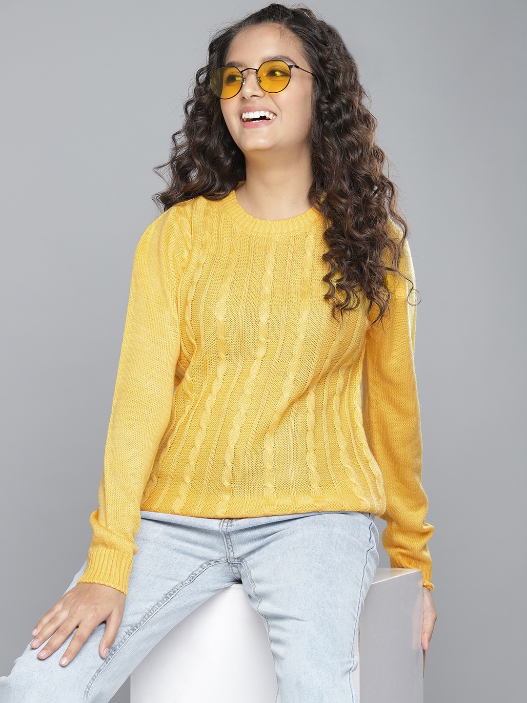 

YK Girls Yellow Solid Cable Knit Pullover