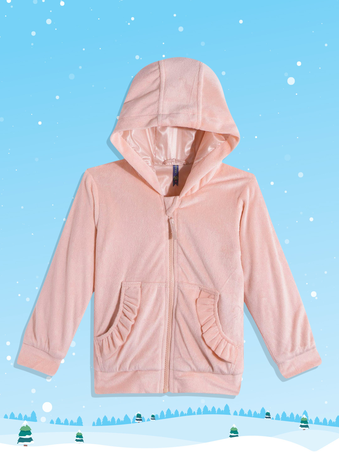 

YK Girls Peach-Coloured Solid Velvet Ruffled Hooded Sweatshirt