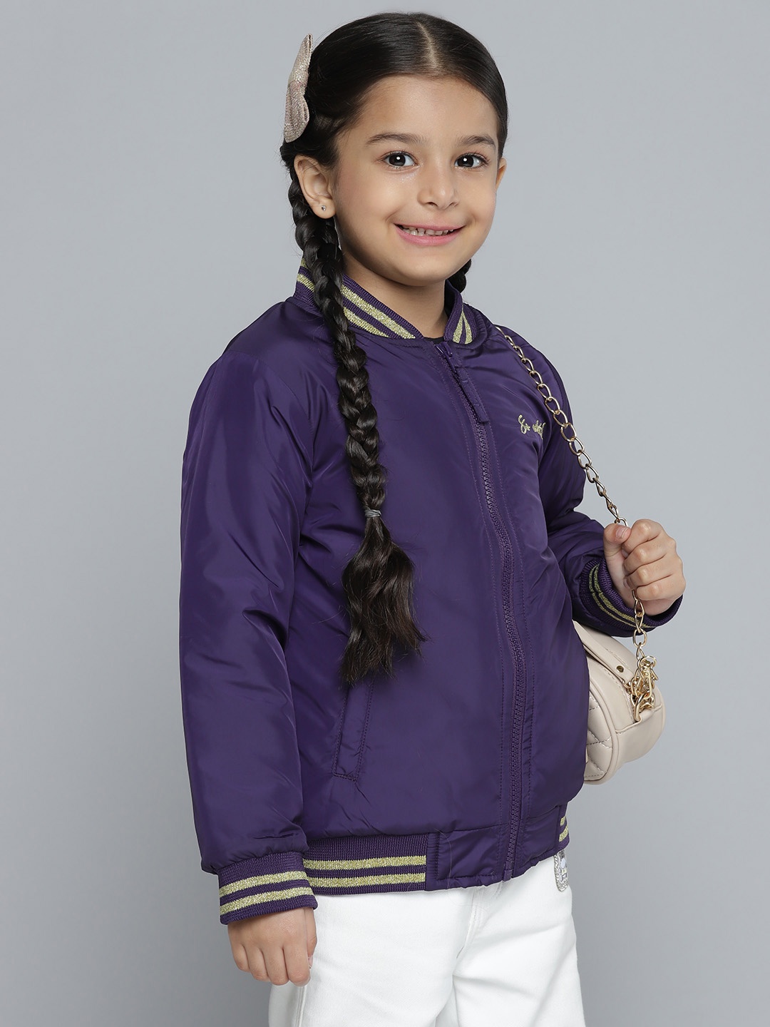 

YK Girls Navy Blue Solid Bomber Jacket
