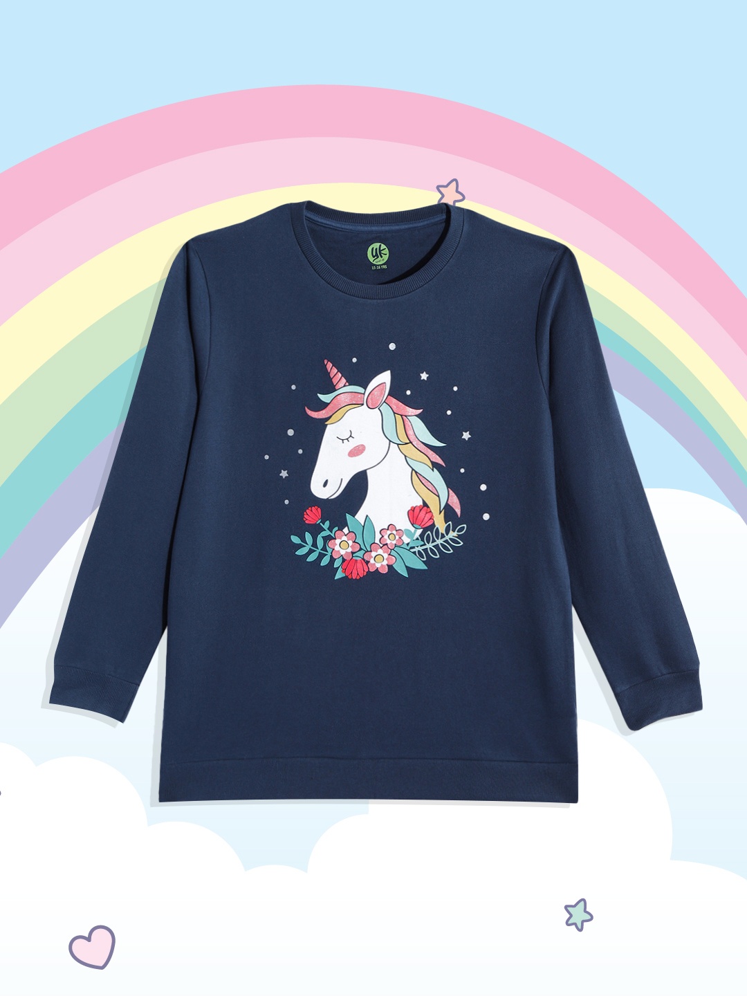 YK Girls Navy Blue & White Unicorn Printed Sweatshirt