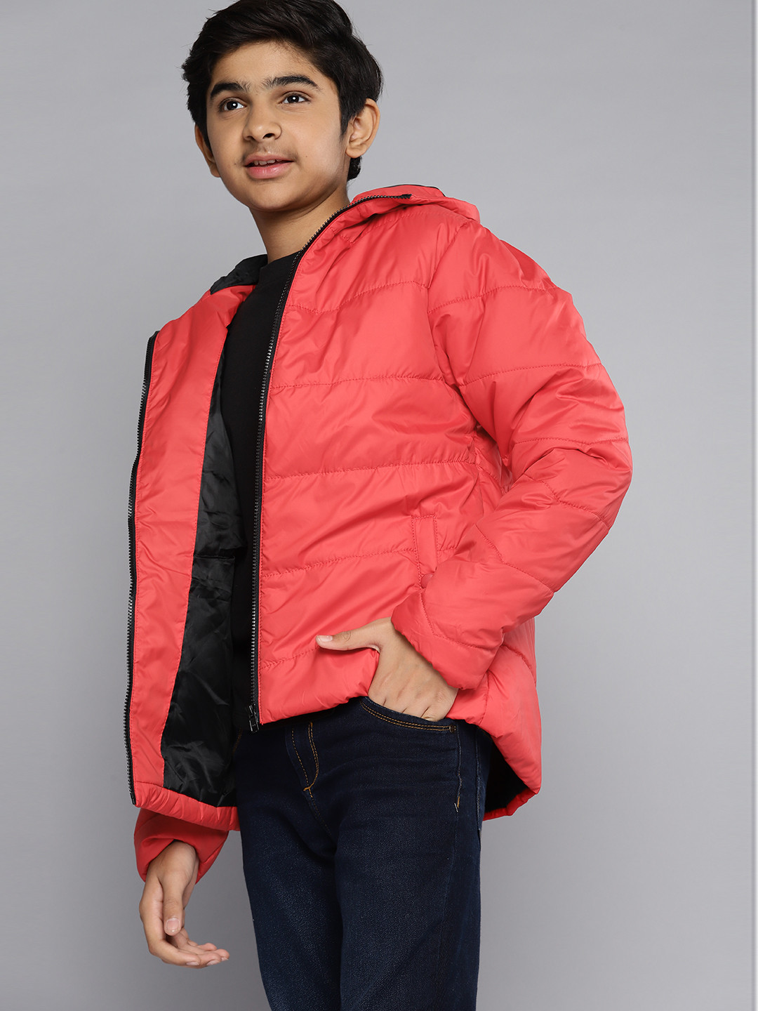 

YK Boys Red Solid Hooded Padded Jacket