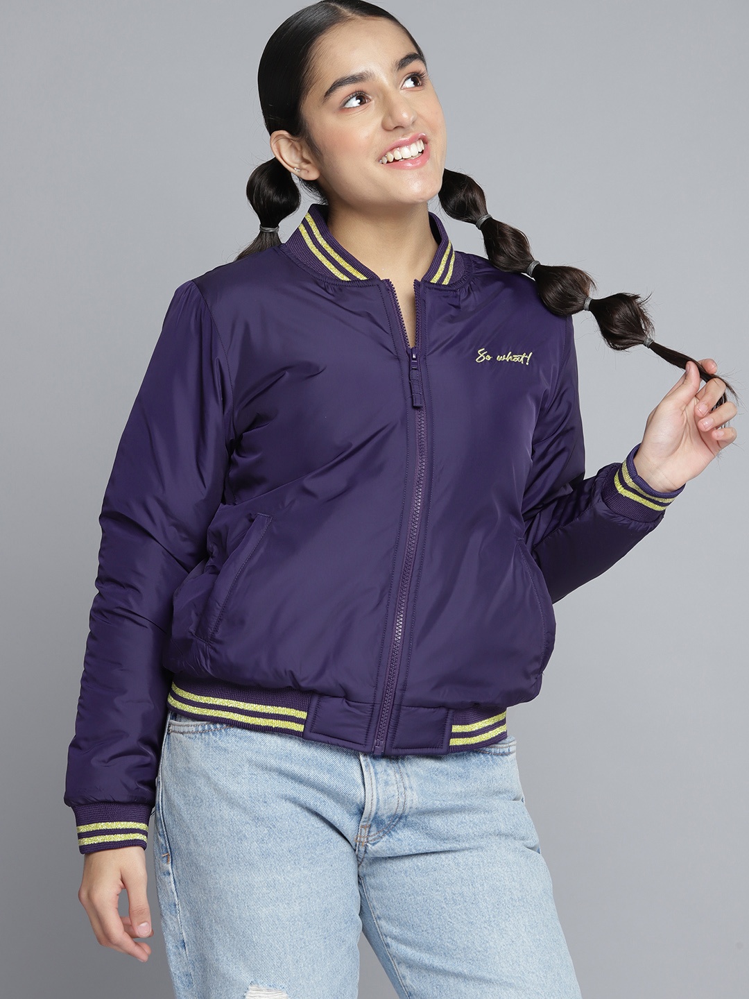 

YK Girls Navy Blue Solid Bomber Jacket