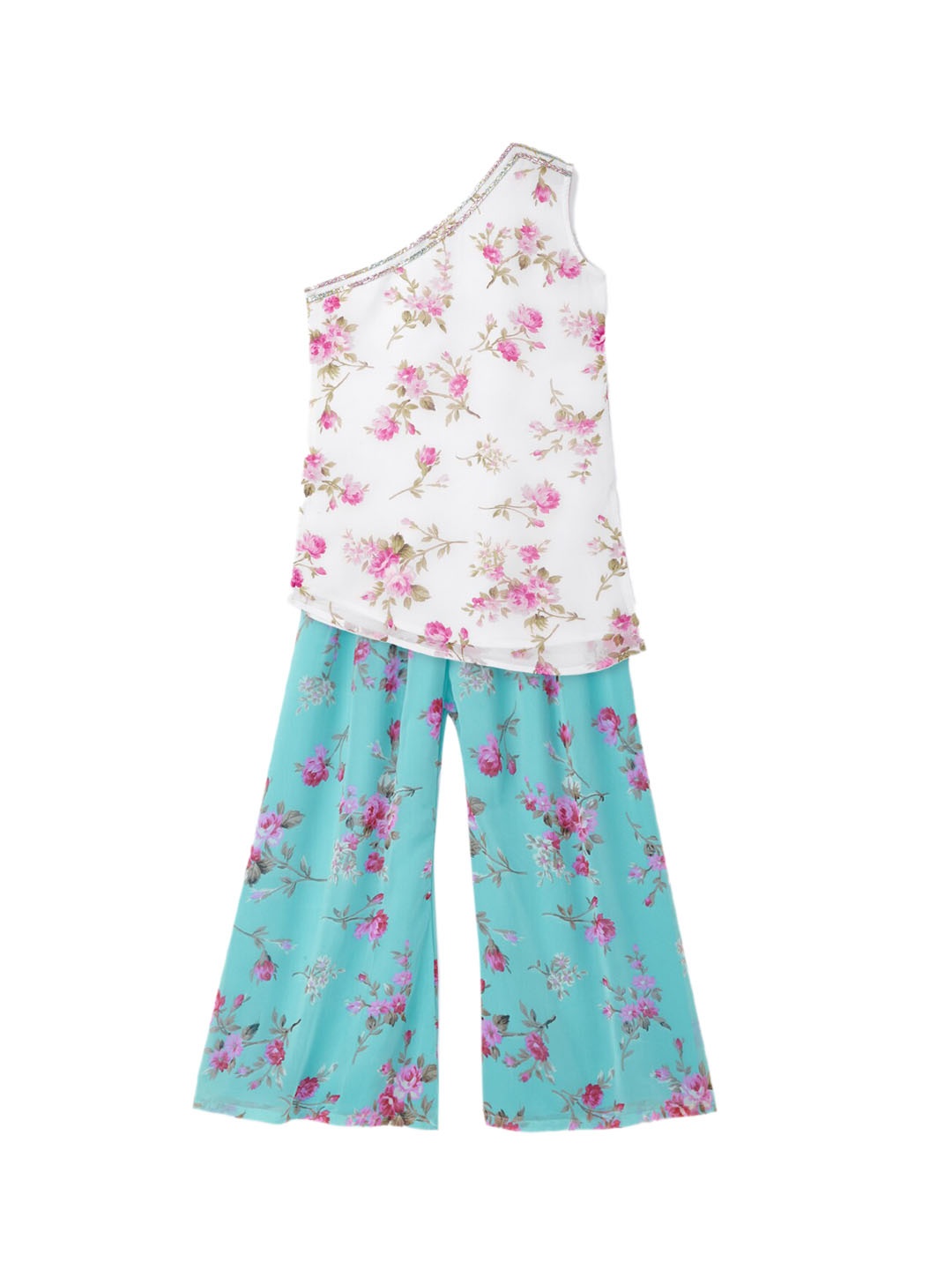 

YK Girls White Floral Printed One Shoulder Kurti with Palazzo Pants