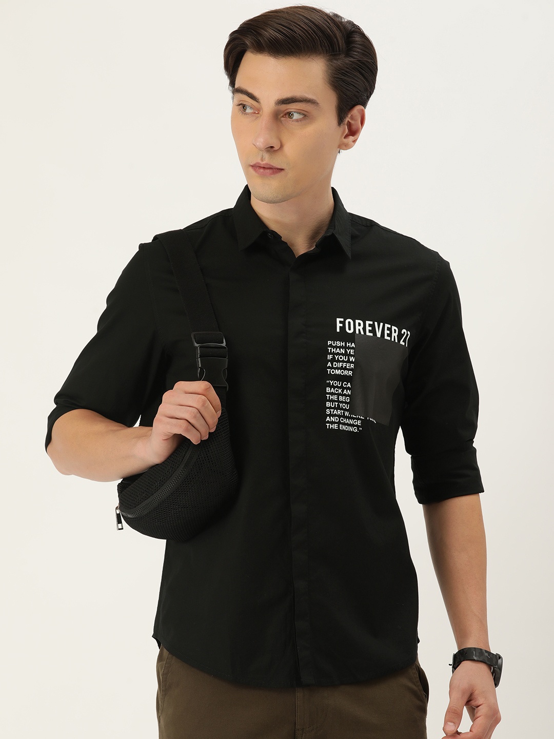 

FOREVER 21 Men Black Typography Printed Casual Shirt