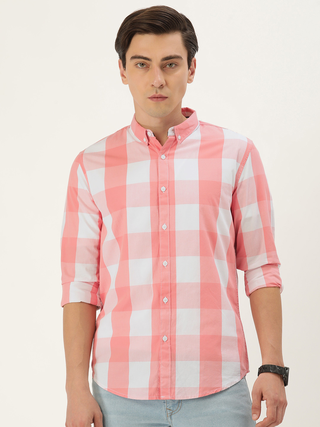 

FOREVER 21 Men Pink Buffalo Checked Pure Cotton Casual Shirt