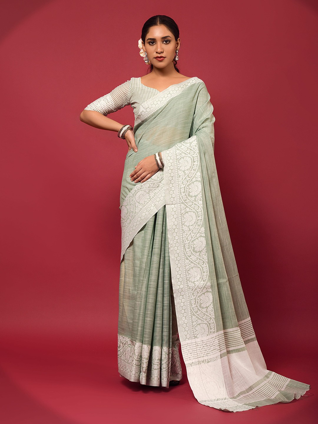 

Elora Green & White Woven Design Linen Blend Bhagalpuri Saree