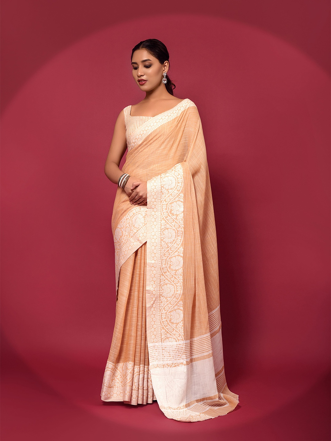 

elora Peach-Coloured & White Woven Design Linen Blend Bhagalpuri Saree