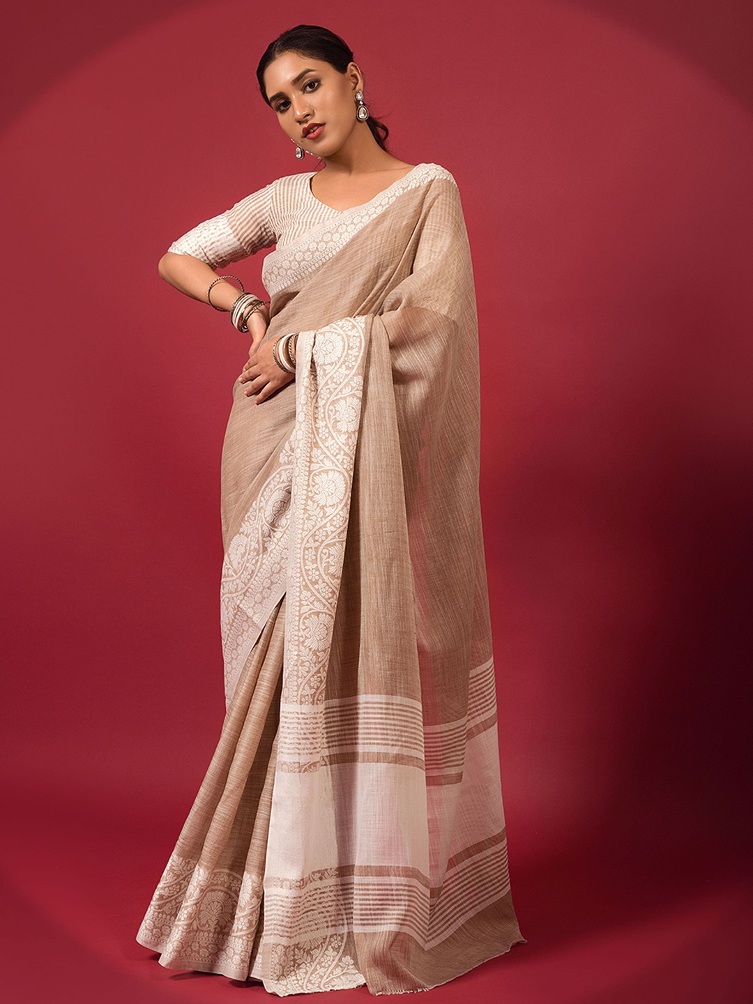 

elora Women Beige & White Woven Design Linen Blend Bhagalpuri Saree
