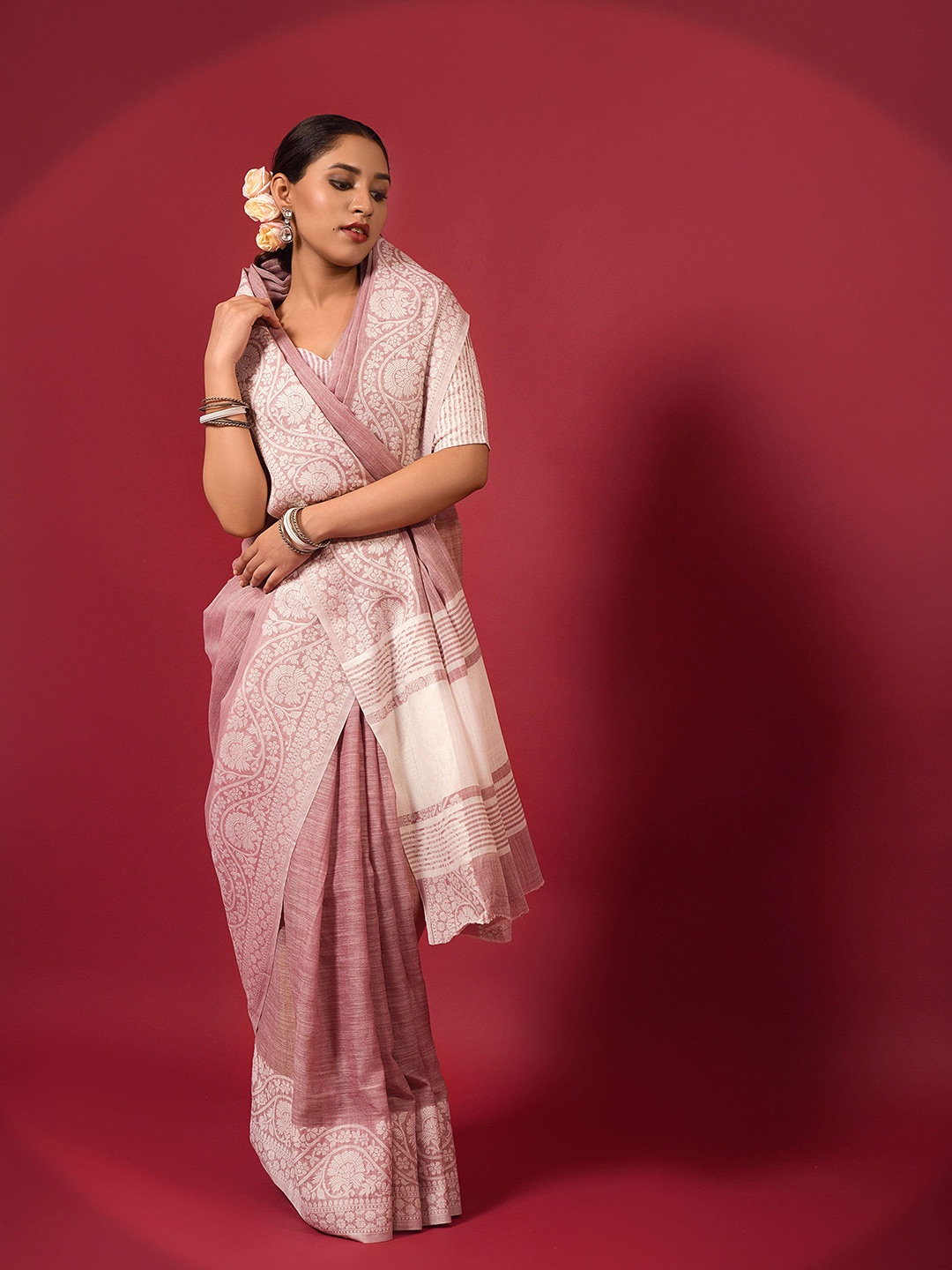 

Elora Pink & White Woven Design Linen Blend Bhagalpuri Saree