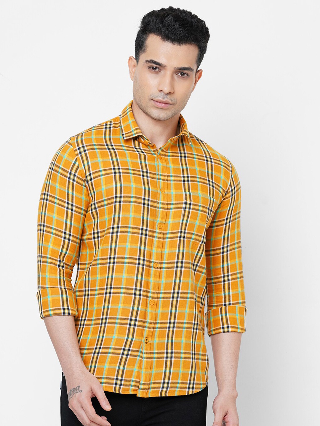

Solemio Men's Mustard Smart Slim Fit Tartan Checked Casual Shirt