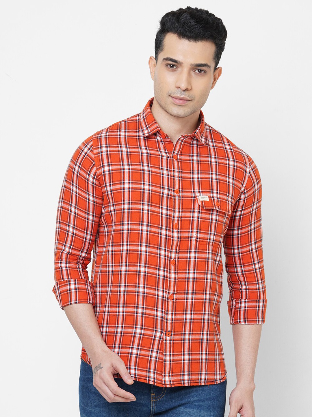 

Solemio Men Rust Smart Slim Fit Tartan Checks Checked Casual Shirt