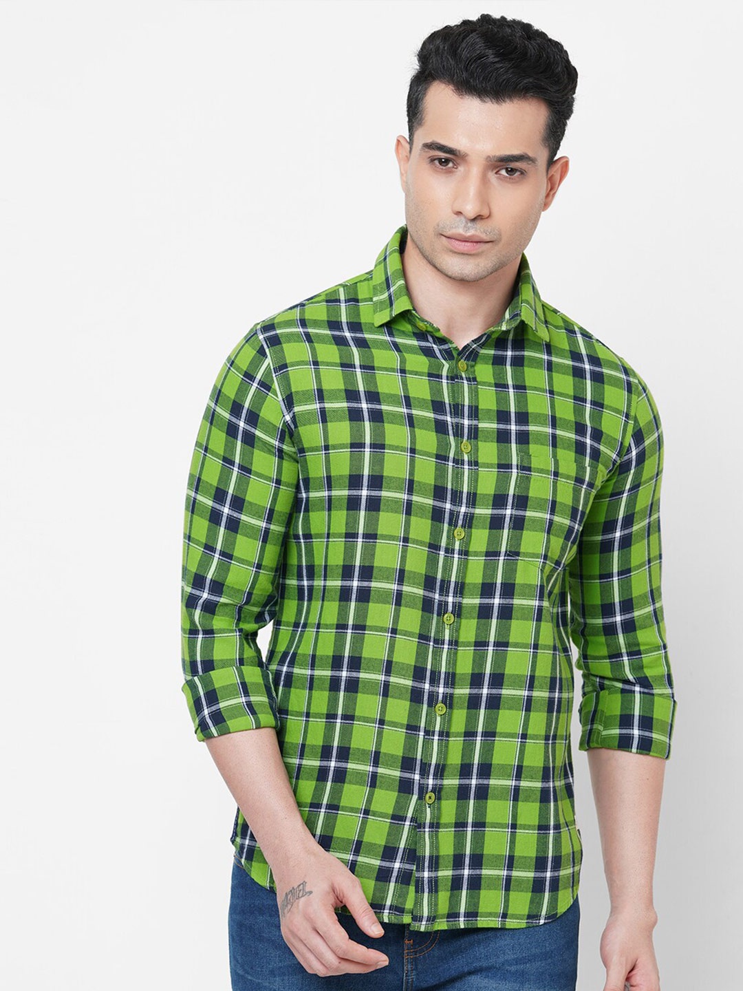 

Solemio Men Green Smart Slim Fit Tartan Checks Checked Casual Shirt