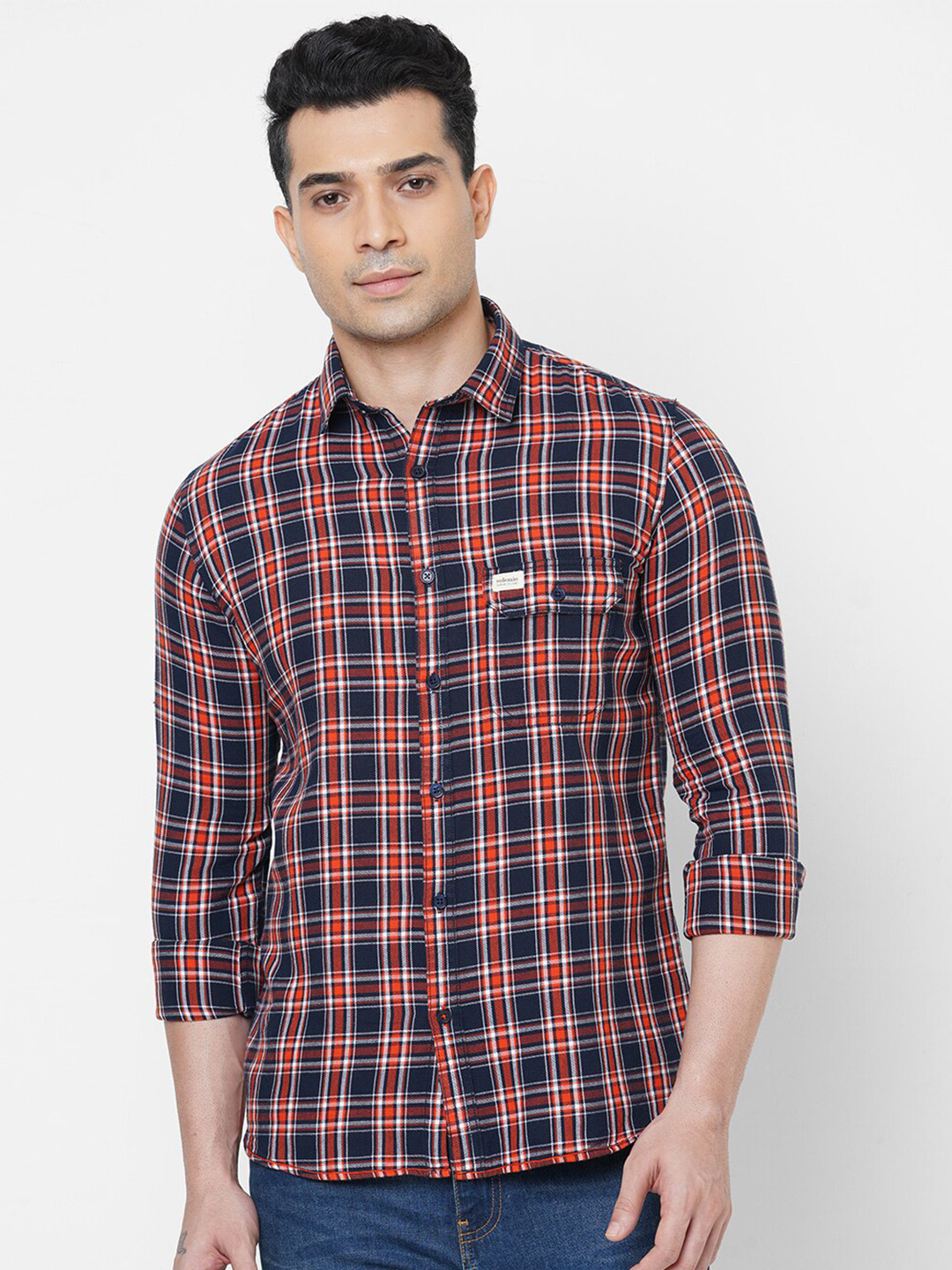 

Solemio Men Navy Blue Smart Slim Fit Tartan Checks Checked Casual Shirt