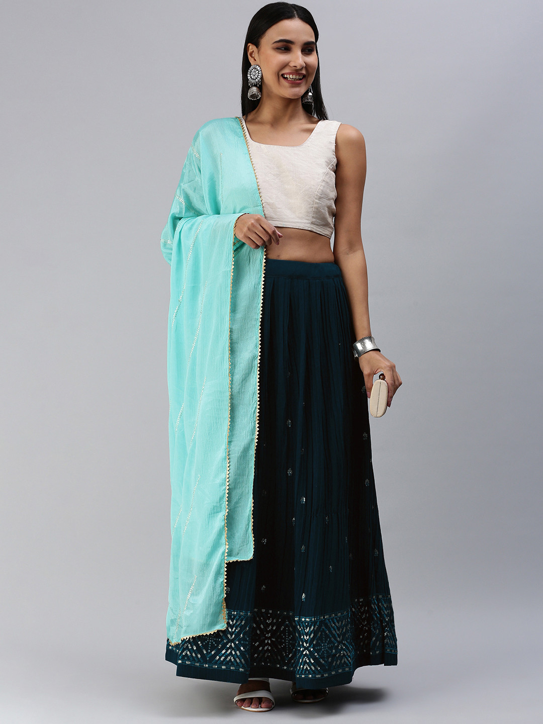 

Rani Saahiba Navy Blue Embroidered Sequinned Semi-Stitched Lehenga & Unstitched Blouse With Dupatta