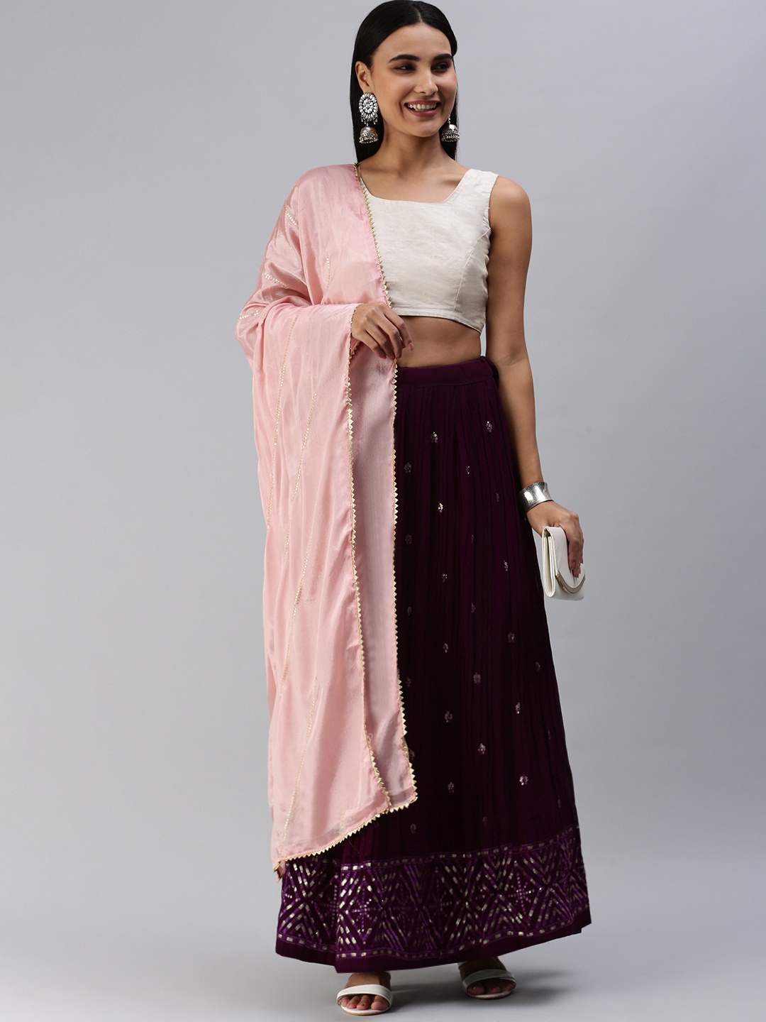 

Rani Saahiba Purple & Pink Semi-Stitched Lehenga & Unstitched Blouse With Dupatta