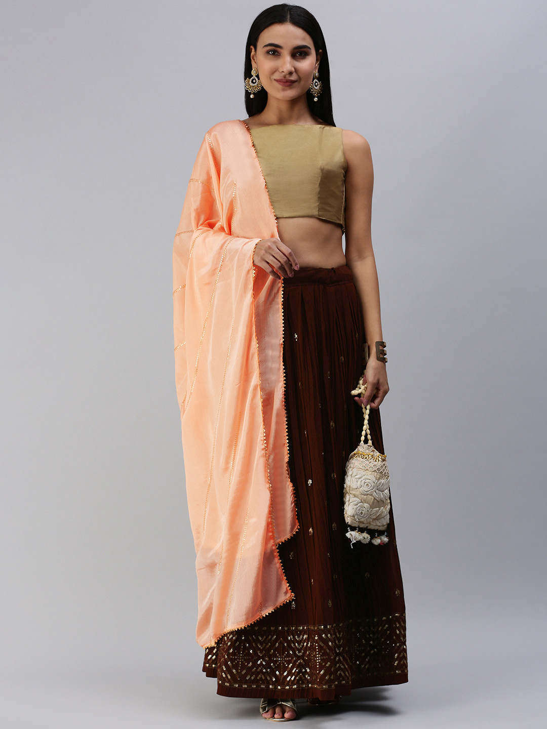 

Rani Saahiba Brown & Pink Embroidered Semi-Stitched Lehenga & Unstitched Blouse With Dupatta