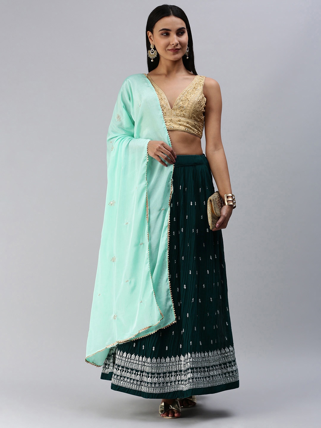 

Rani Saahiba Green & Silver-Toned Embroidered Semi-Stitched Lehenga & Unstitched Blouse With Dupatta