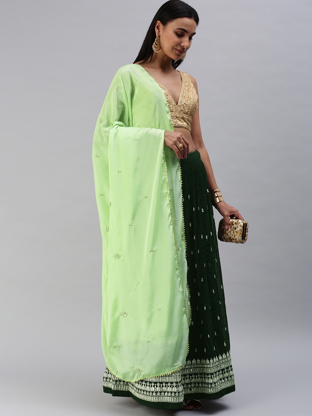 

Rani Saahiba Green & Gold-Toned Embroidered Semi-Stitched Lehenga & Unstitched Blouse With Dupatta