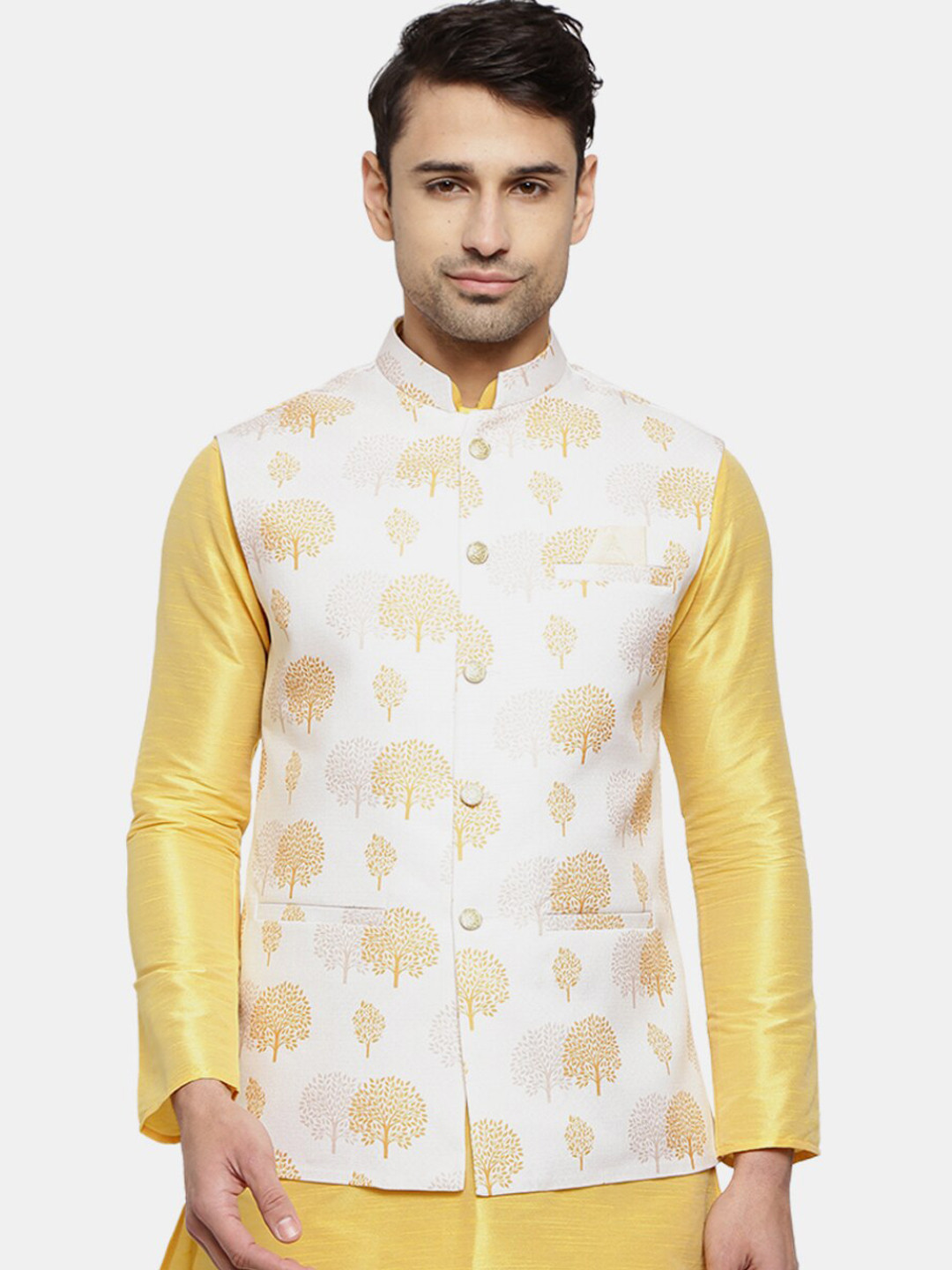 

V-Mart Men Yellow Self Design Poly Silk Mandarin Collar Kurta With Pyjama