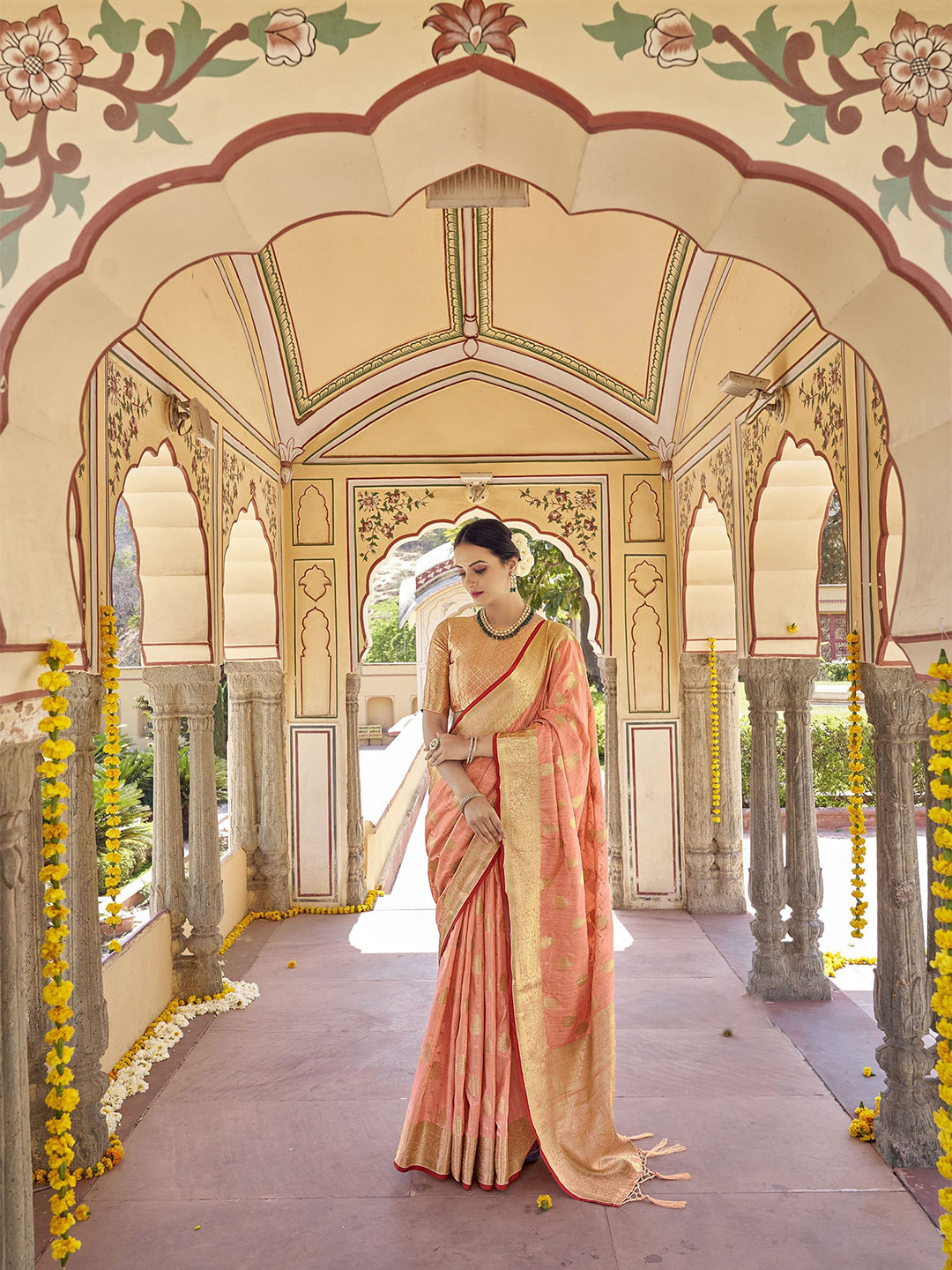 

Elora Peach-Coloured & Gold-Toned Woven Design Zari Silk Blend Banarasi Saree