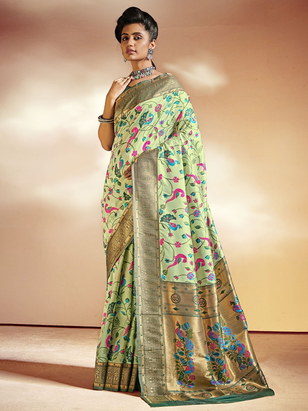 

elora Women Light Green & Blue Woven Design Silk Blend Paithani Saree