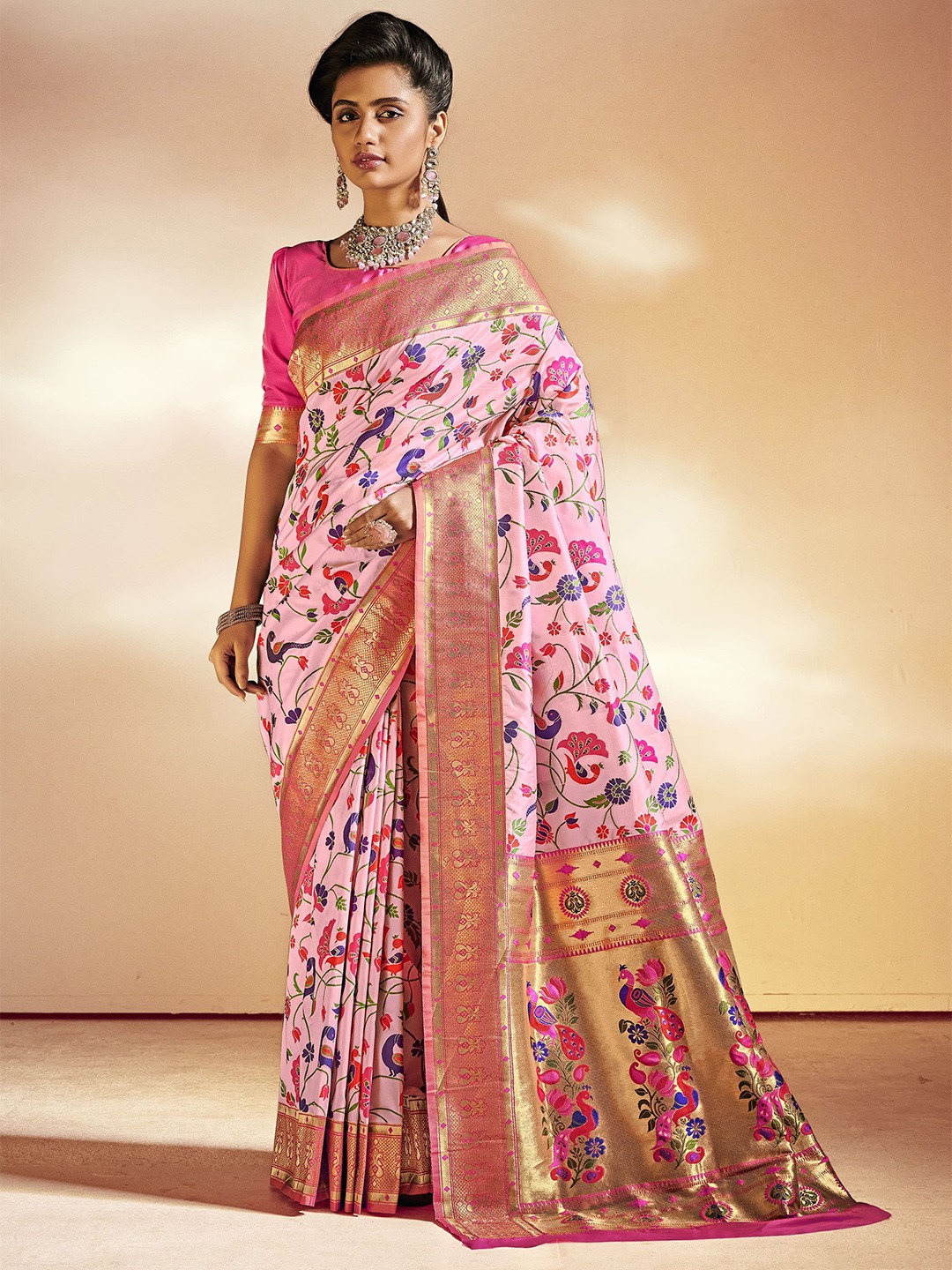 

elora Pink & Blue Woven Design Silk Blend Paithani Saree