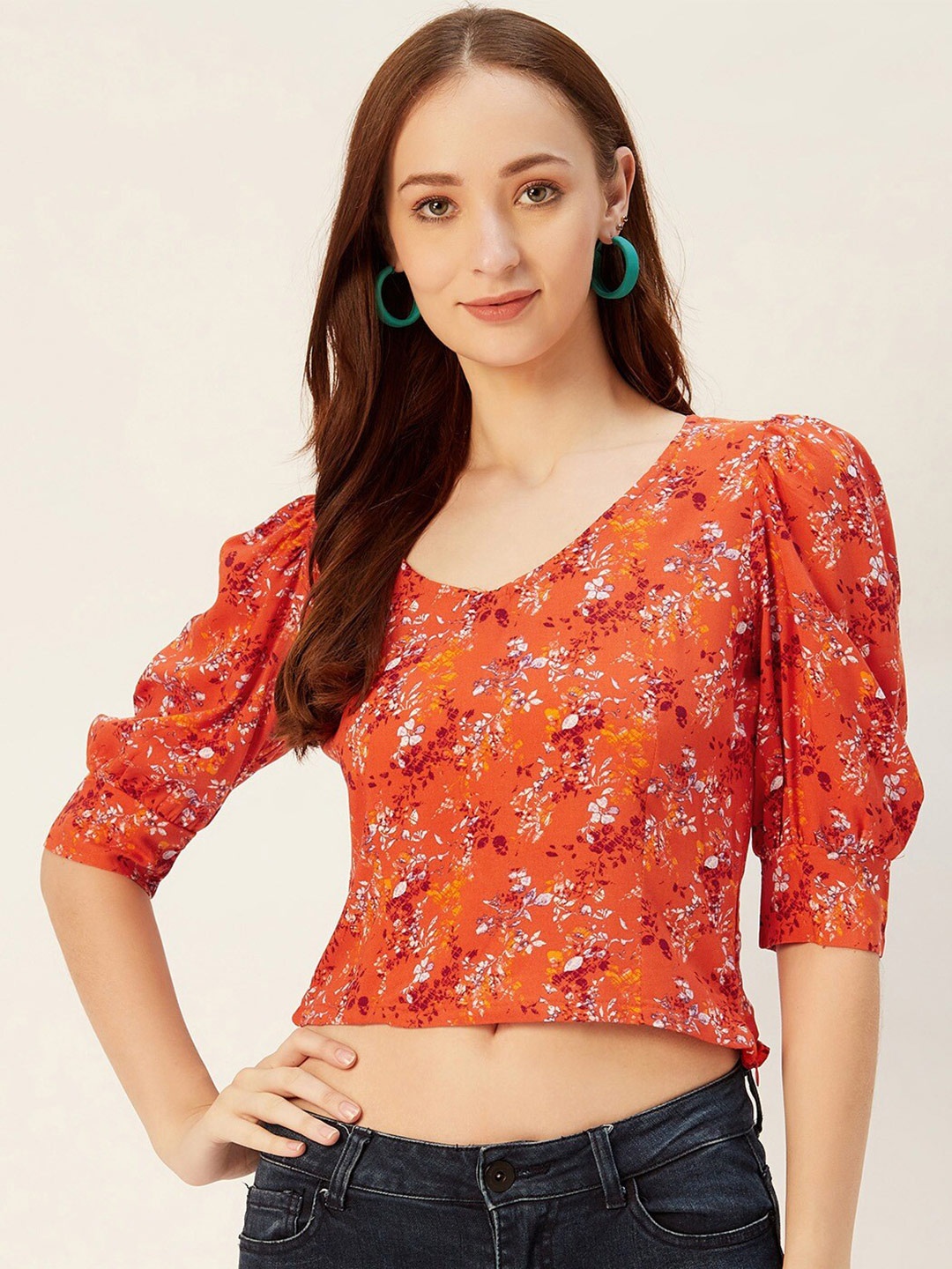 

Sera Women Orange V-Neck Floral Print Crop Top