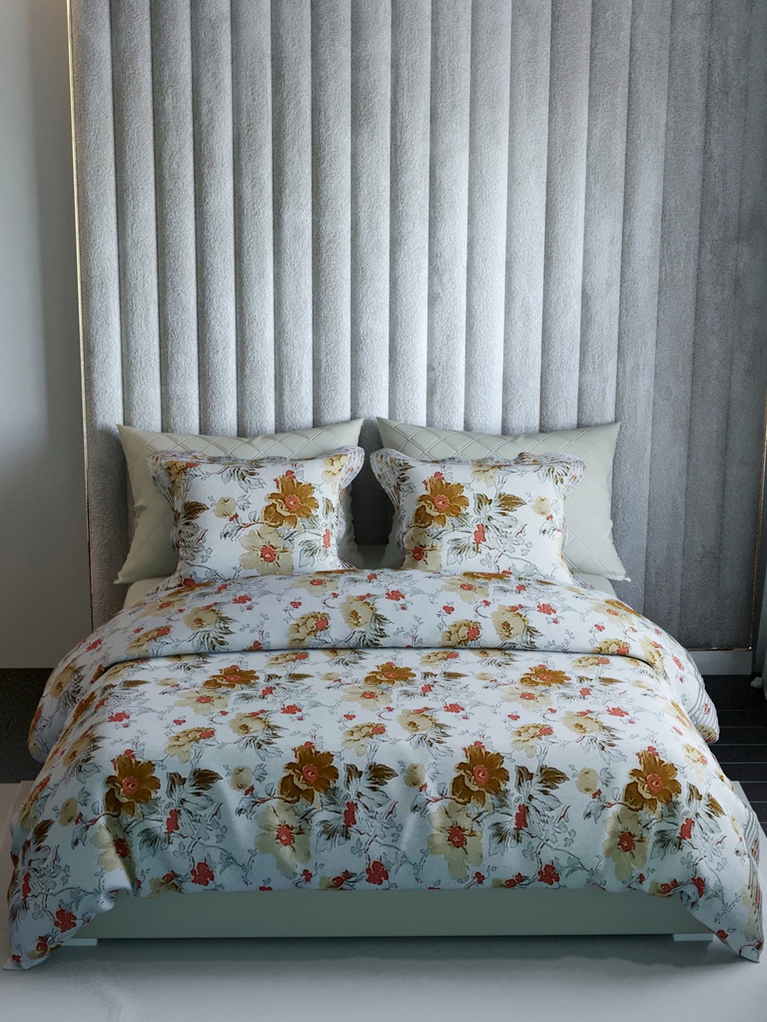 

LABHAM Grey & Brown Floral 210 TC King Bedsheet with 2 Pillow Covers