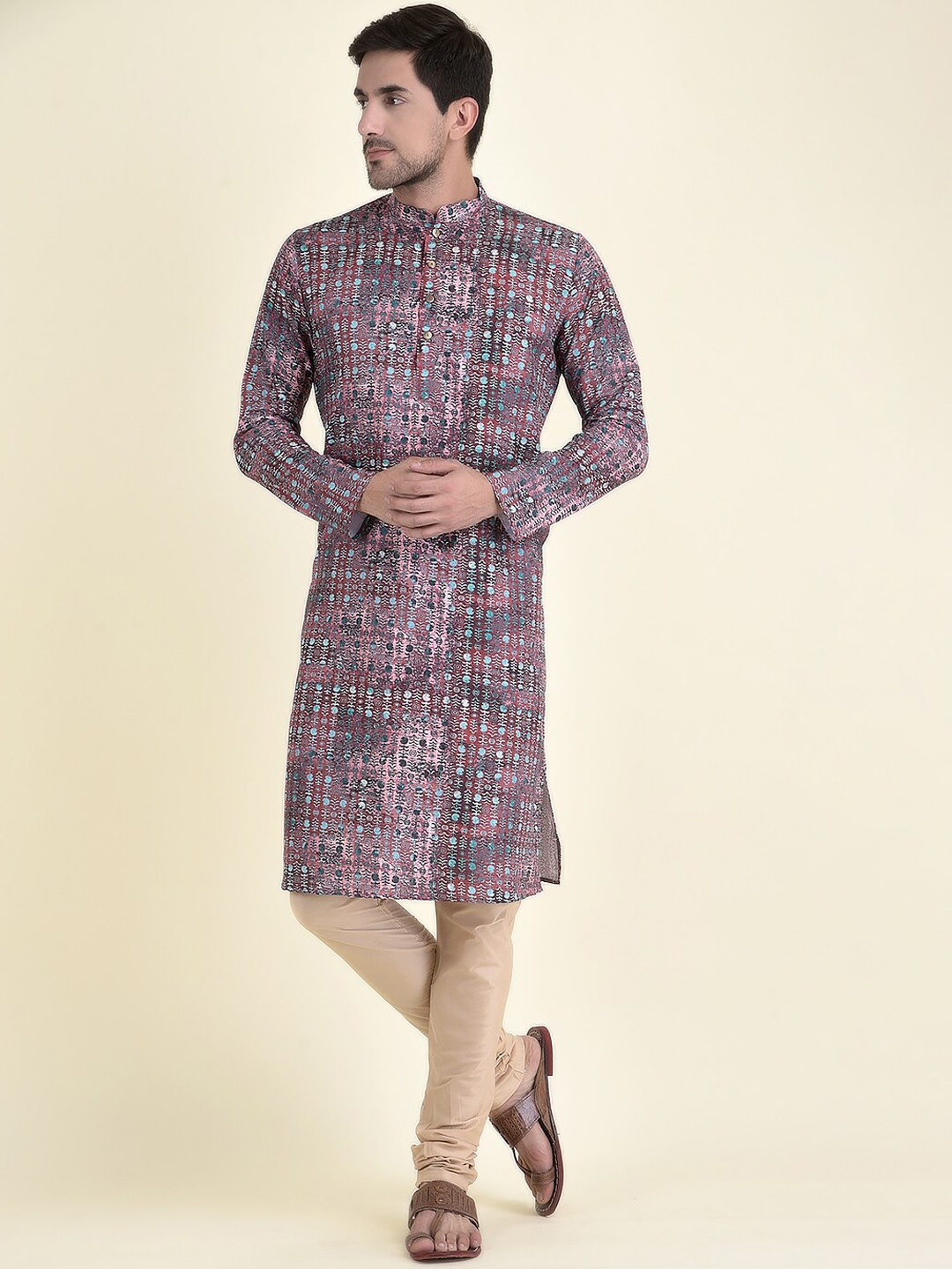 

TABARD Men Maroon Cotton Printed Kurta with Churidar
