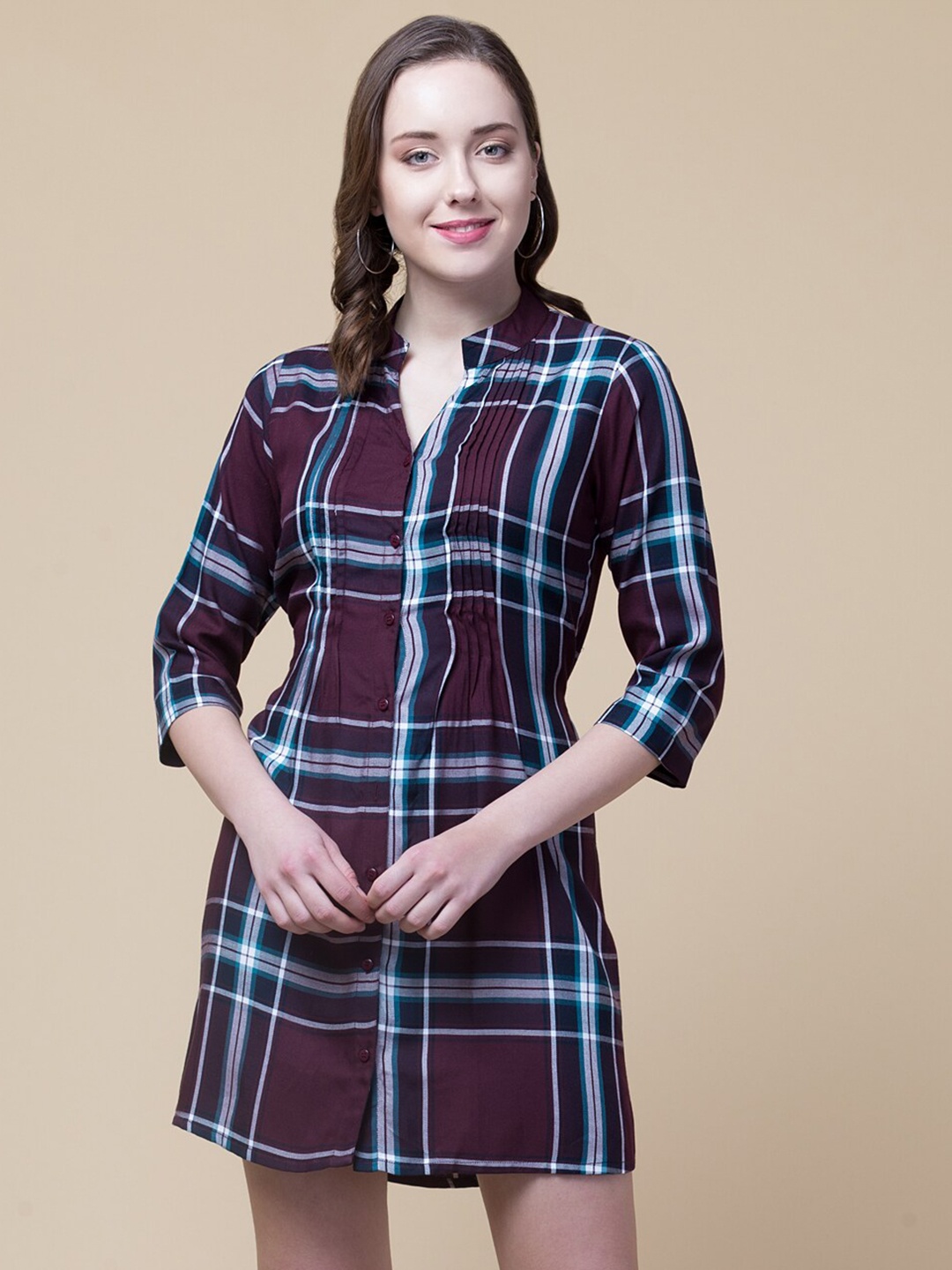 

Hive91 Women Maroon Checked Shirt Dress