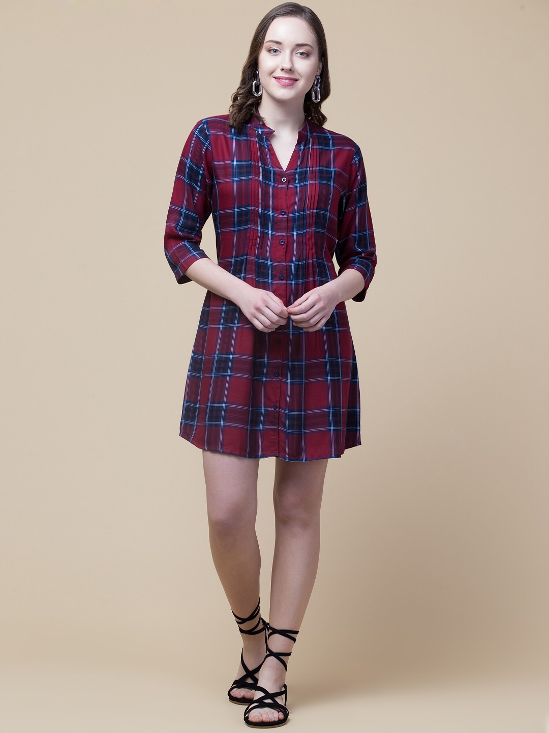 

Hive91 Maroon & Blue Checked Shirt Dress