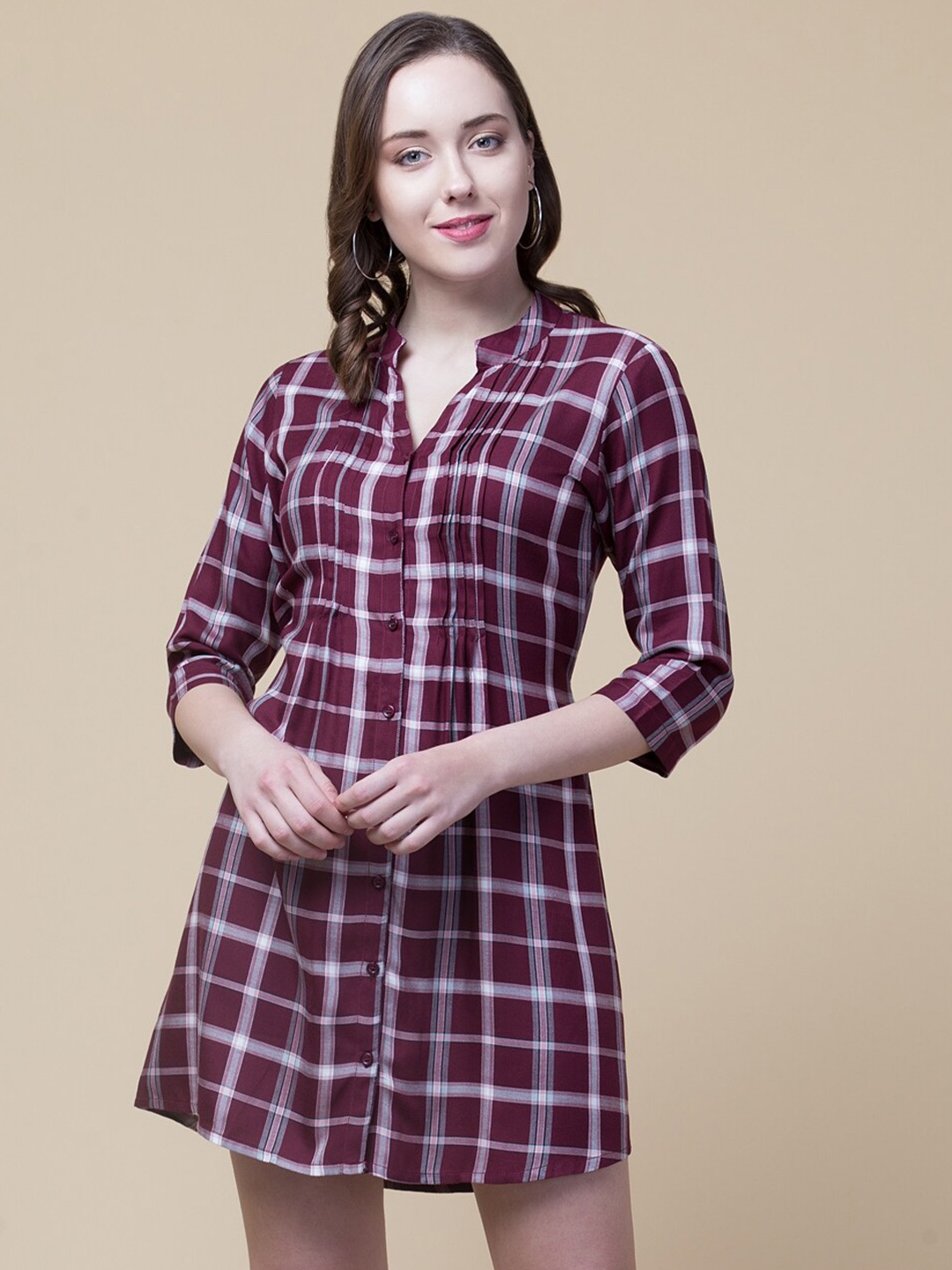 

Hive91 Maroon & White Checked Shirt Dress