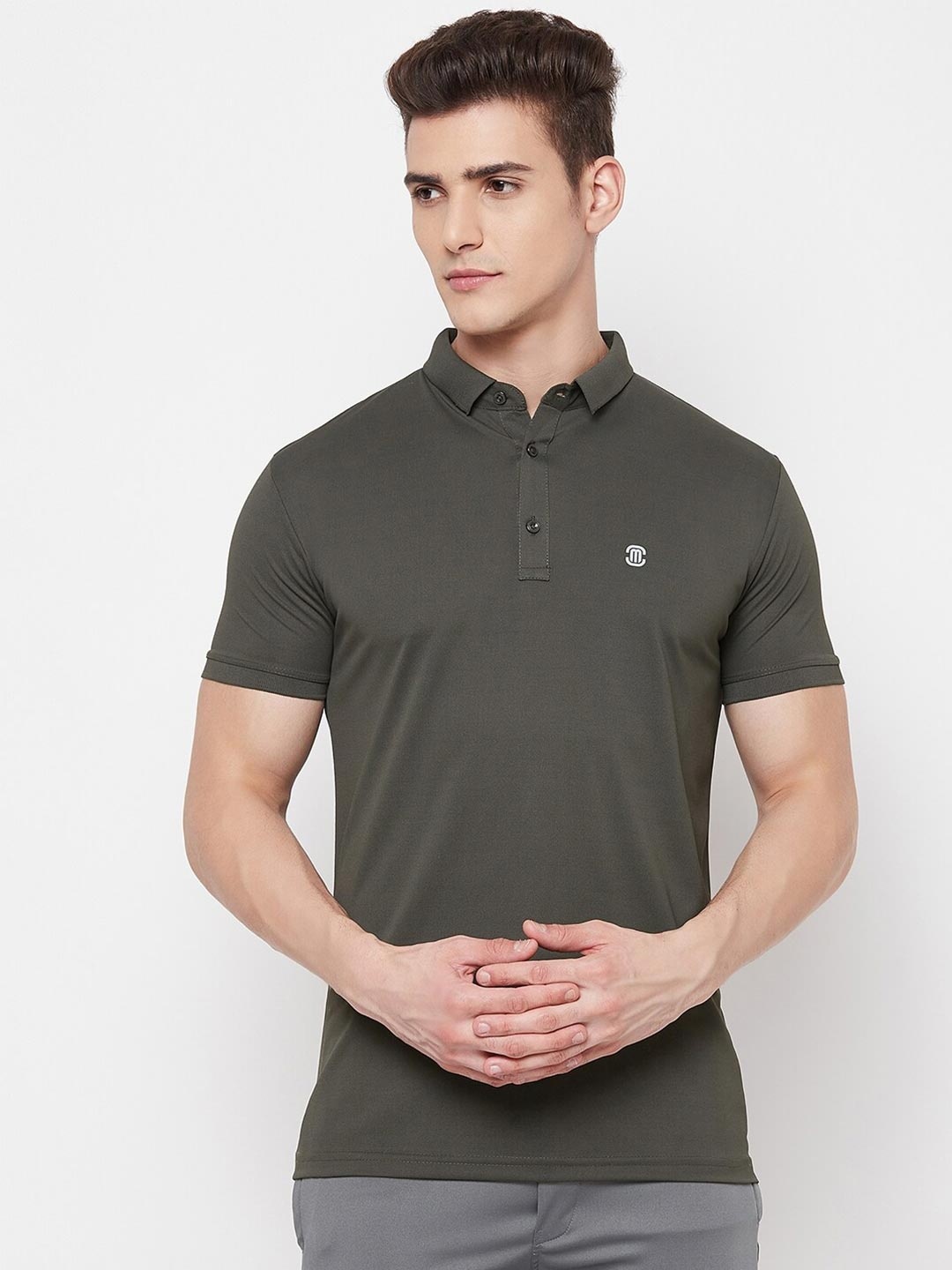 

MOZAFIA Men Olive Green Polo Collar Slim Fit T-shirt
