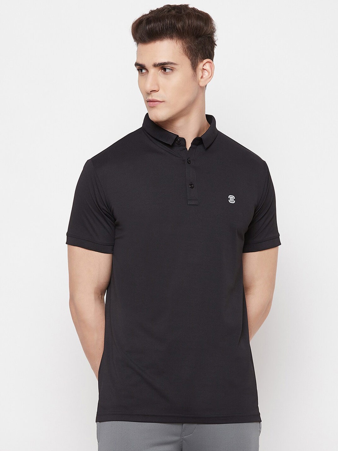 

MOZAFIA Men Black Mandarin Collar Slim Fit T-shirt