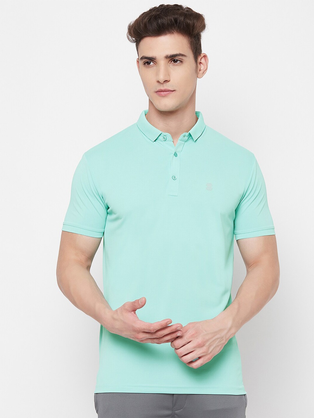 

MOZAFIA Men Sea Green Polo Collar Slim Fit T-shirt