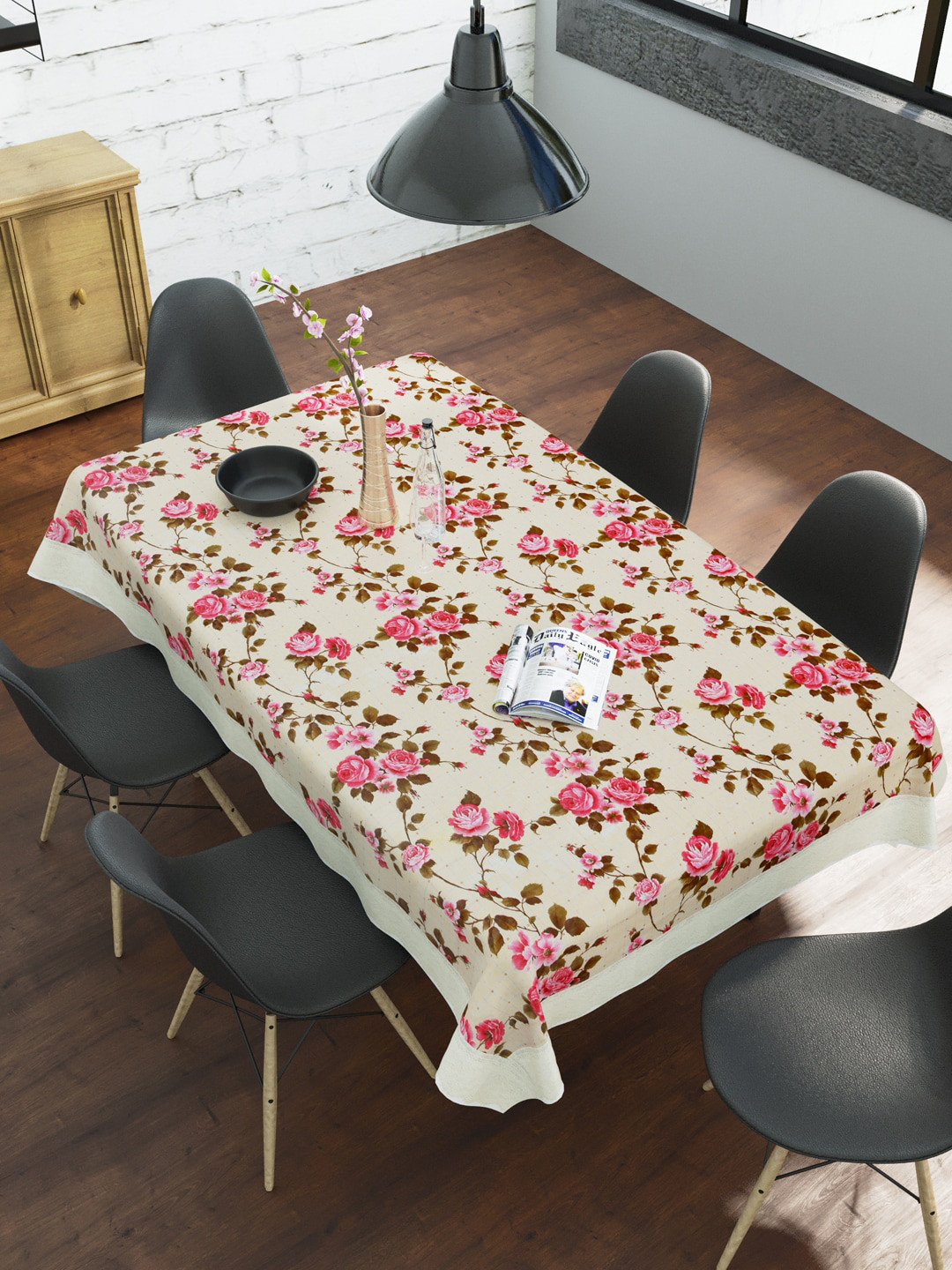 

Clasiko Beige & Pink Printed 6 Seater Anti Slip Table Covers, White