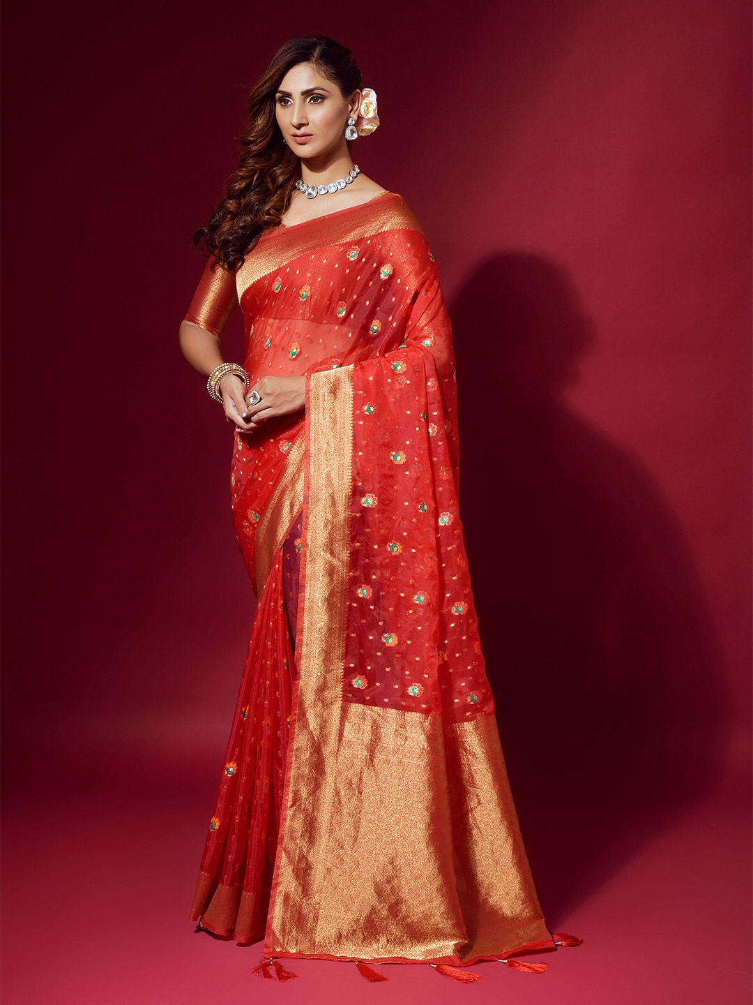 

elora Red Woven Design Zari Organza Bhagalpuri Saree