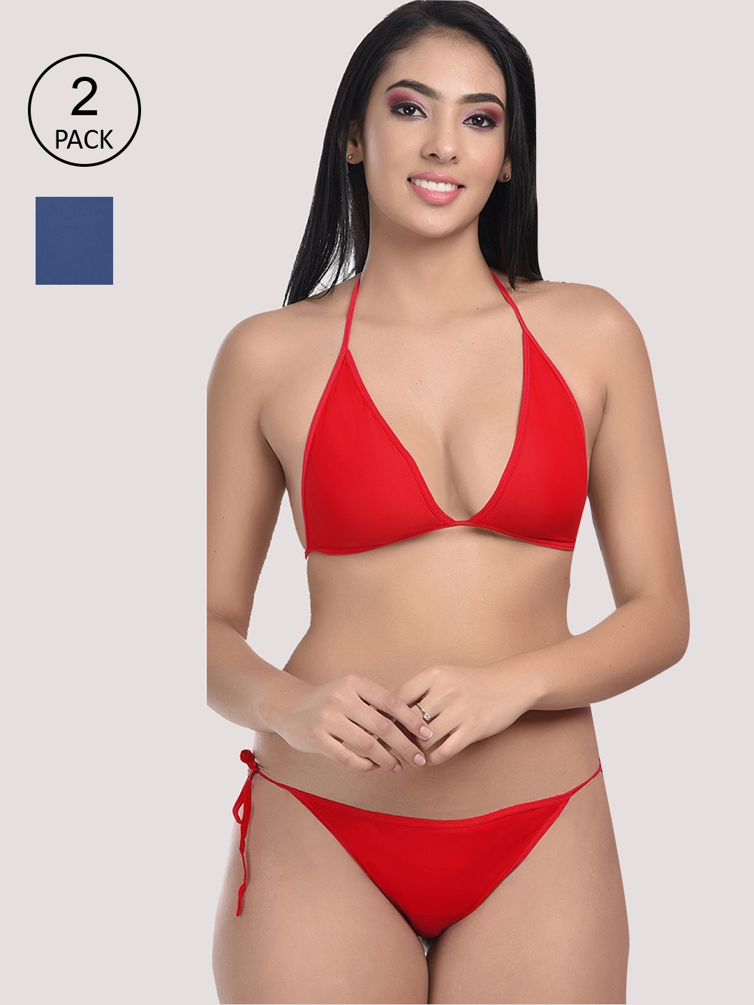 

StyFun Women Pack Of 2 Red & Navy Blue Solid Satin Bikini Lingerie Set