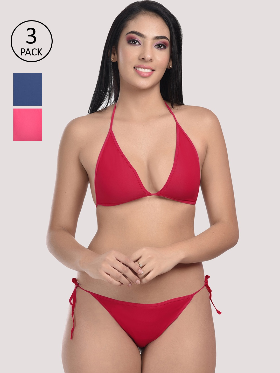 StyFun Women Red, Pink & Blue Satin Solid Lingerie Pack Of 3