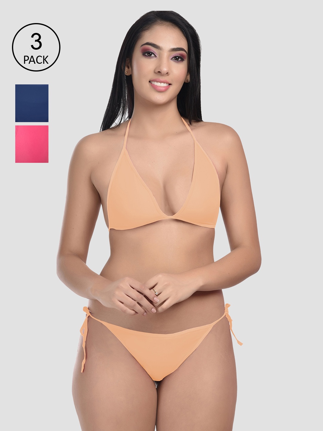 StyFun Women Pack Of 3 Pink, Blue & Beige Satin Lingerie