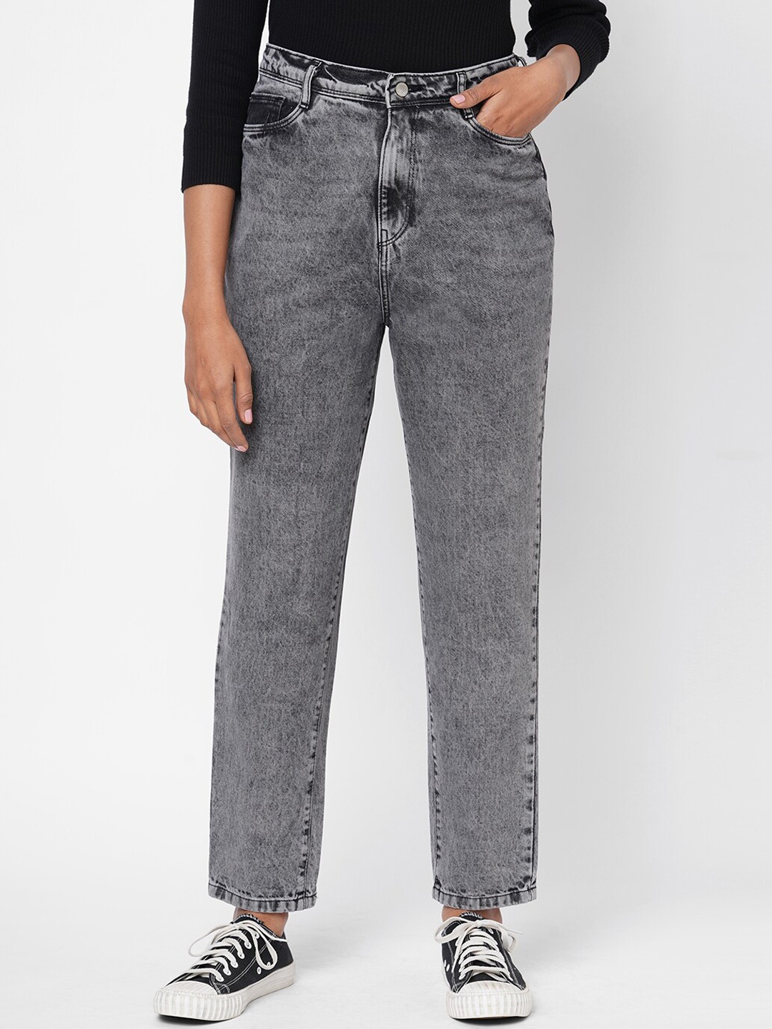 

Kraus Jeans Women Grey High-Rise Heavy Fade Jeans