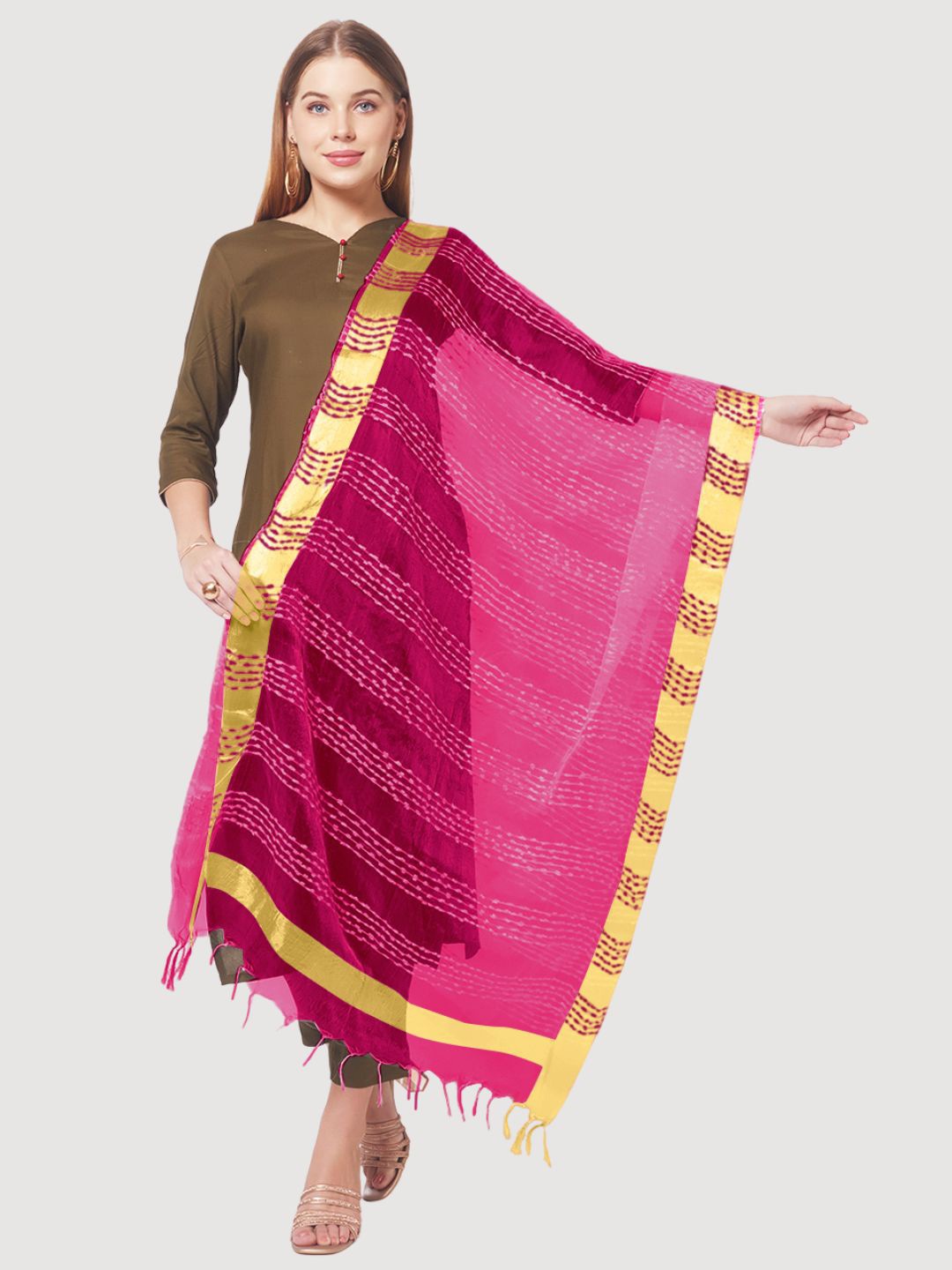 

Dupatta Bazaar Fuchsia & Gold-Toned Woven Design Organza Dupatta