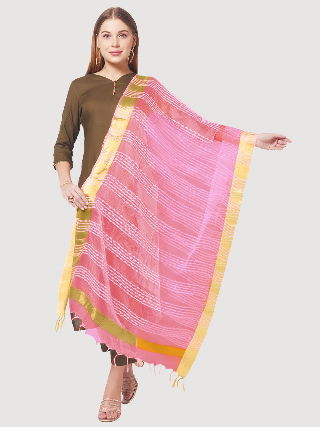 

Dupatta Bazaar Women Pink & Gold-Toned Woven Design Organza Tasselled Border Dupatta