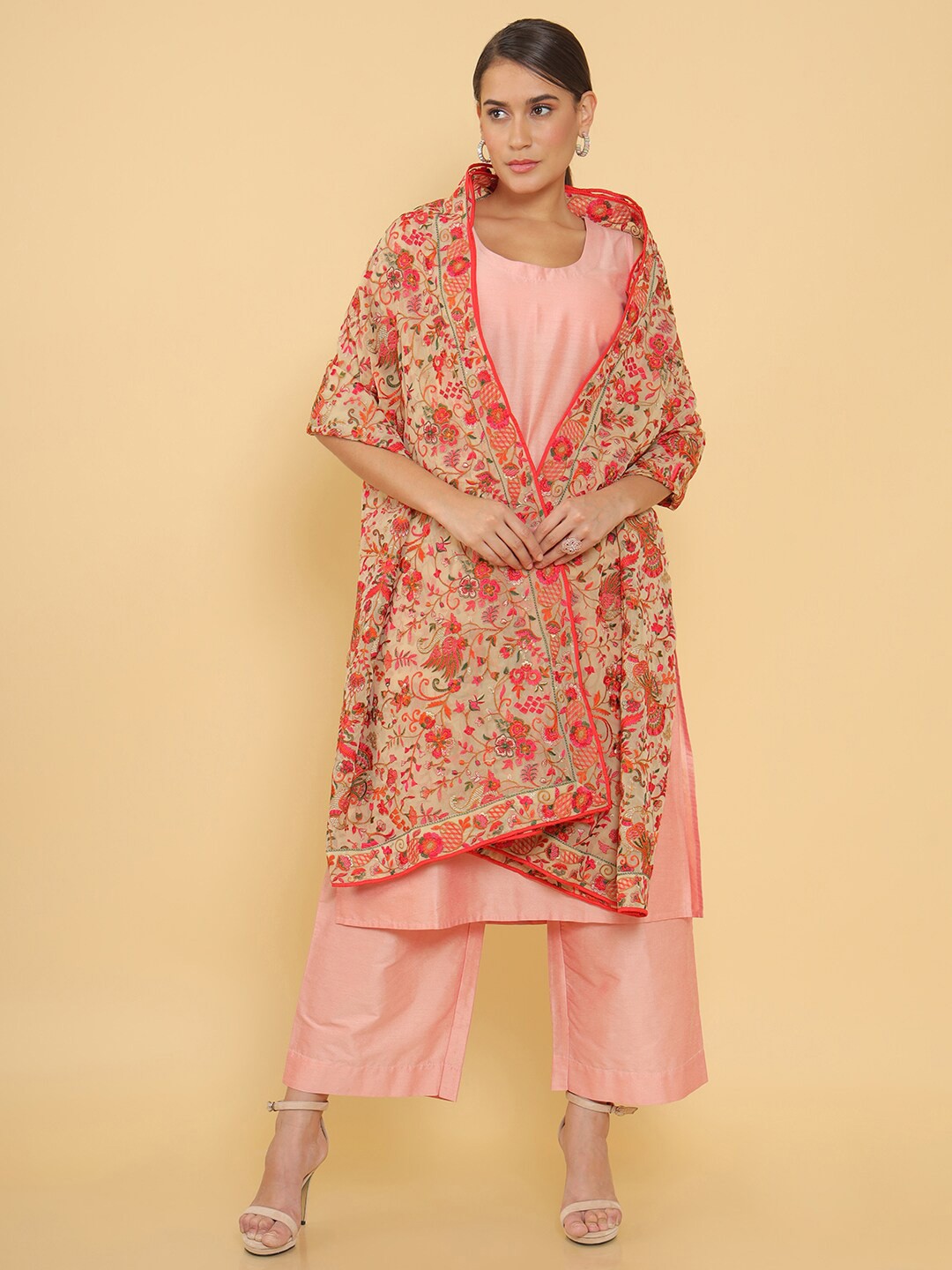 

Soch Women Beige and Red Floral Embroidered Dupatta