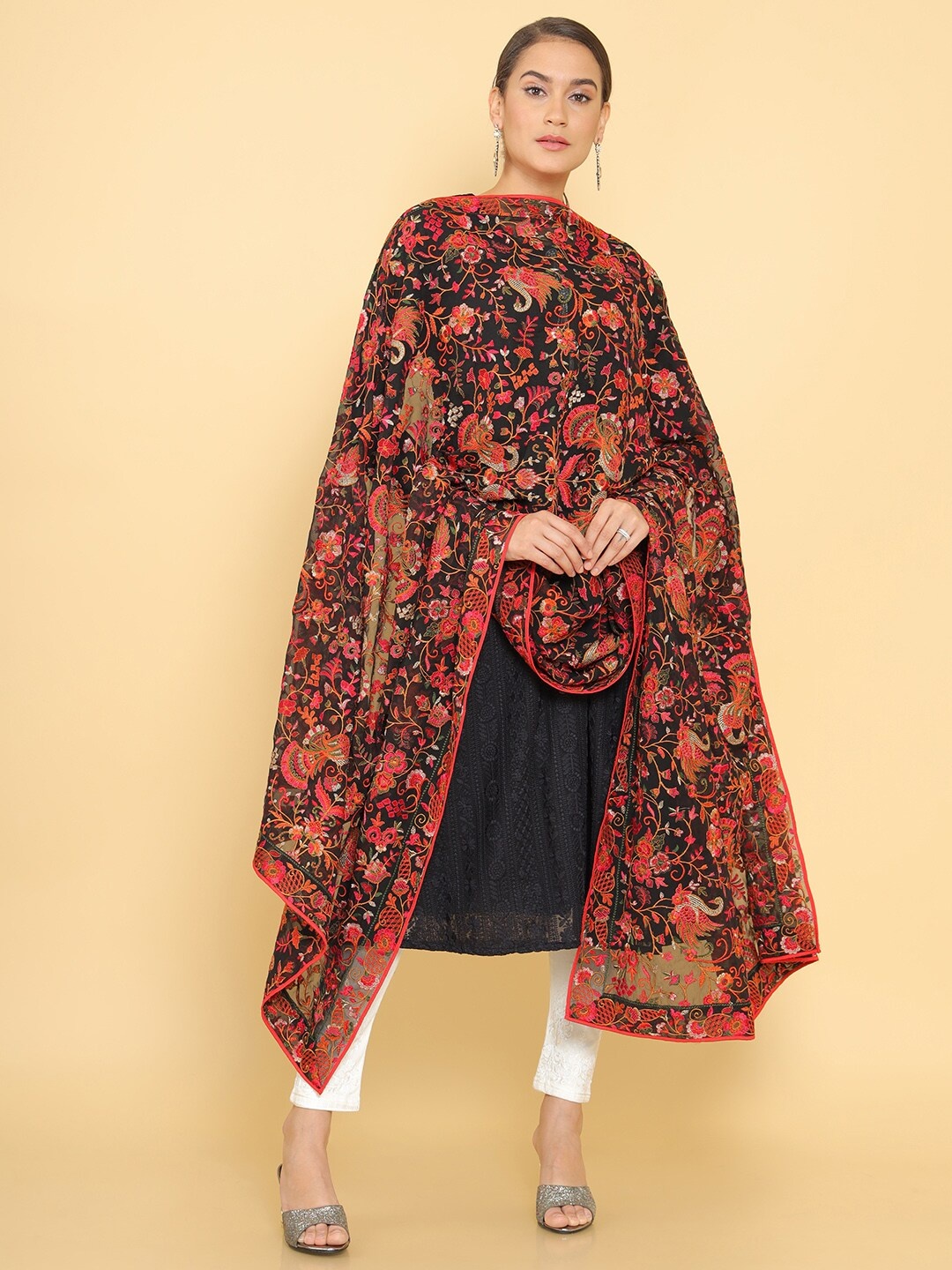 

Soch Women Black & Red Printed Dupatta with Thread Work