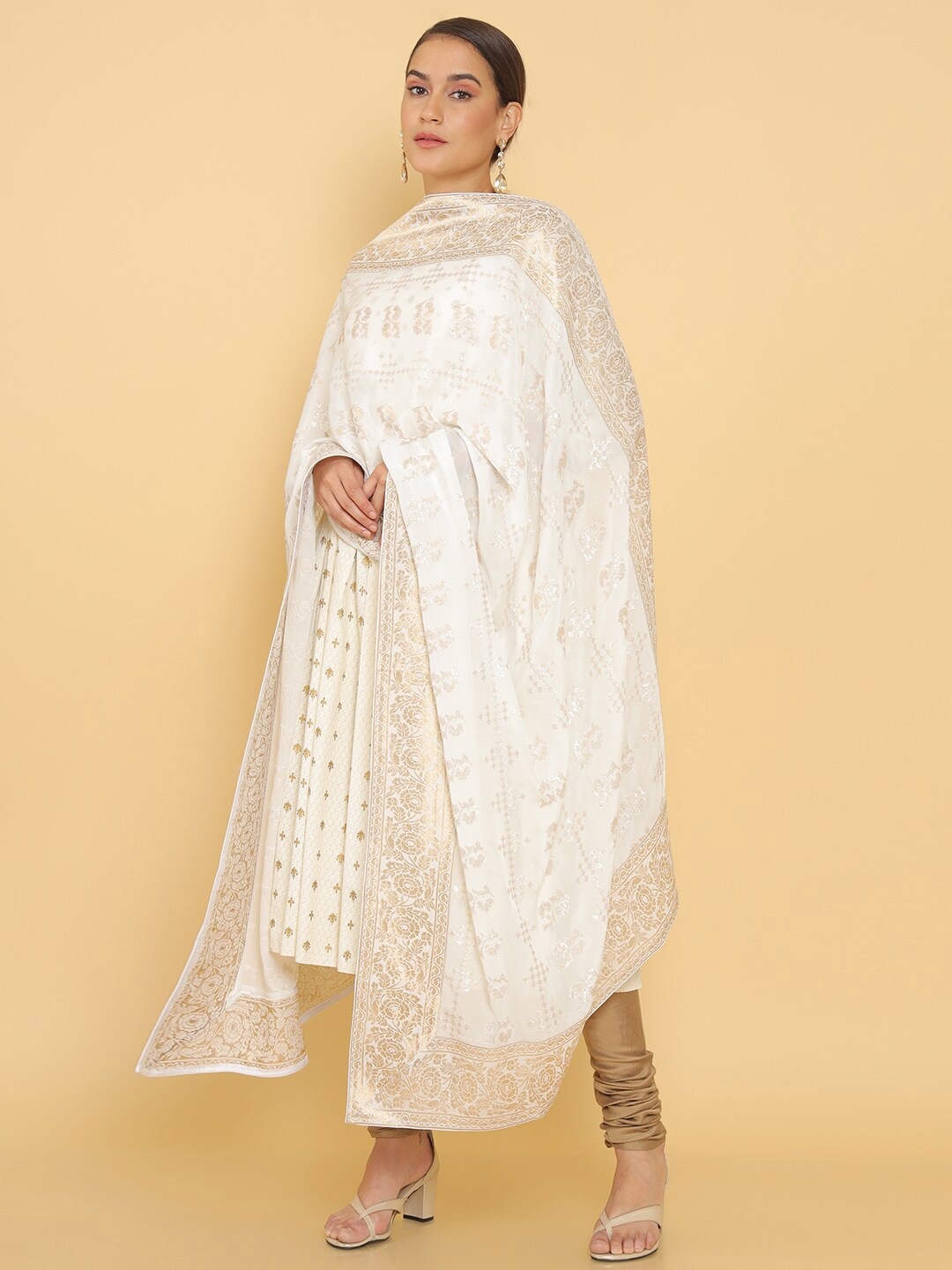 

Soch Off White & Gold-Toned Ethnic Motifs Woven Design Dupatta with Thread Work