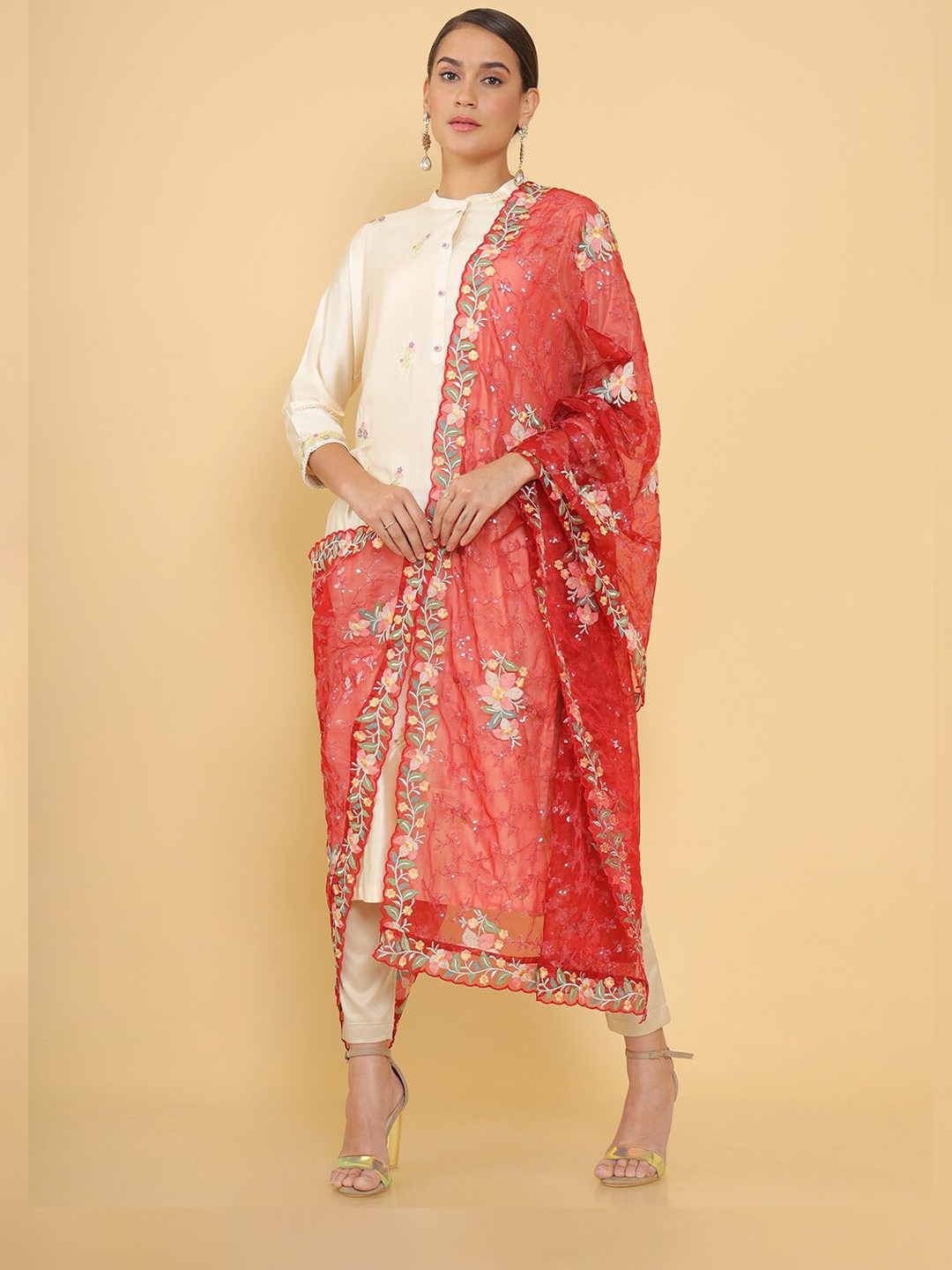 

Soch Maroon & Green Embroidered Organza Dupatta with Thread Work