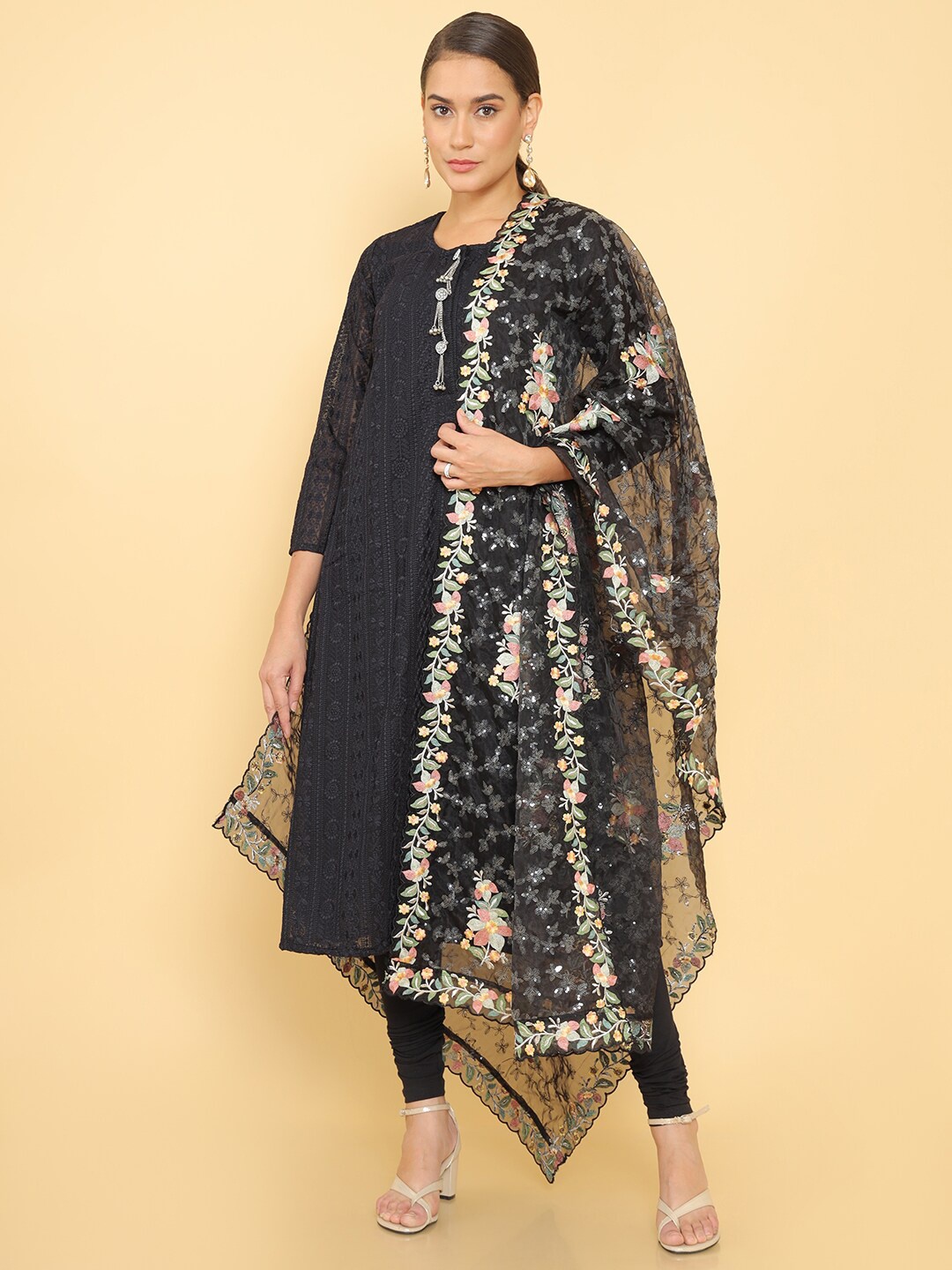 

Soch Black & Pink Embroidered Organza Dupatta with Thread Work